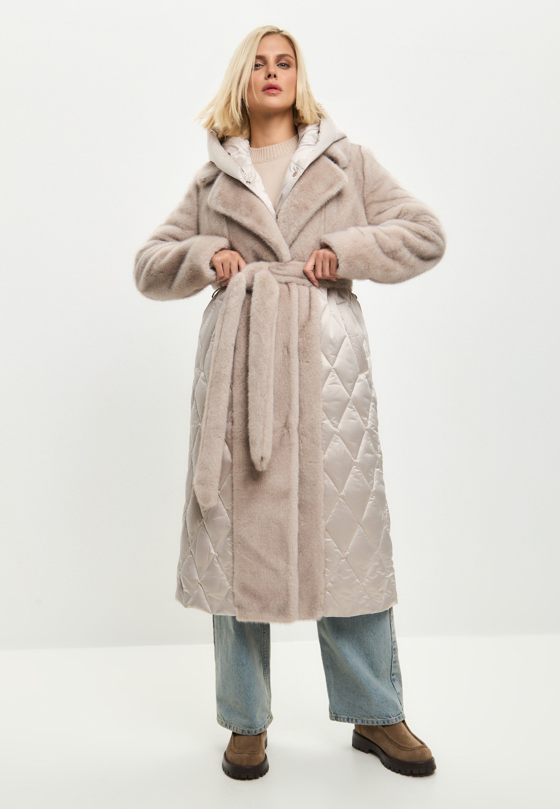 Quilted Faux Fur Pearl Coat for Women with Belt | Chic Winter Outerwear