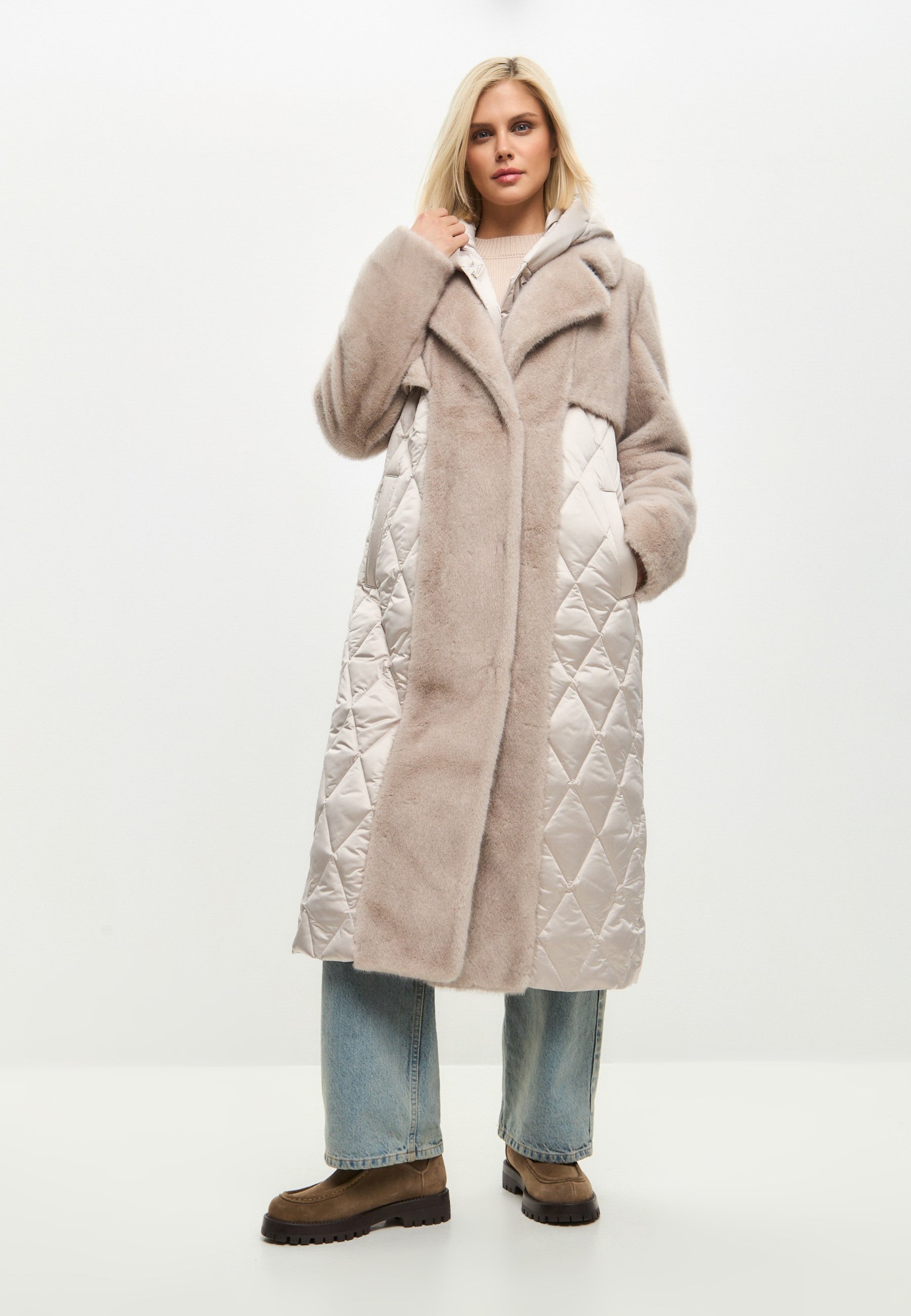 Quilted Faux Fur Pearl Coat for Women with Belt | Chic Winter Outerwear