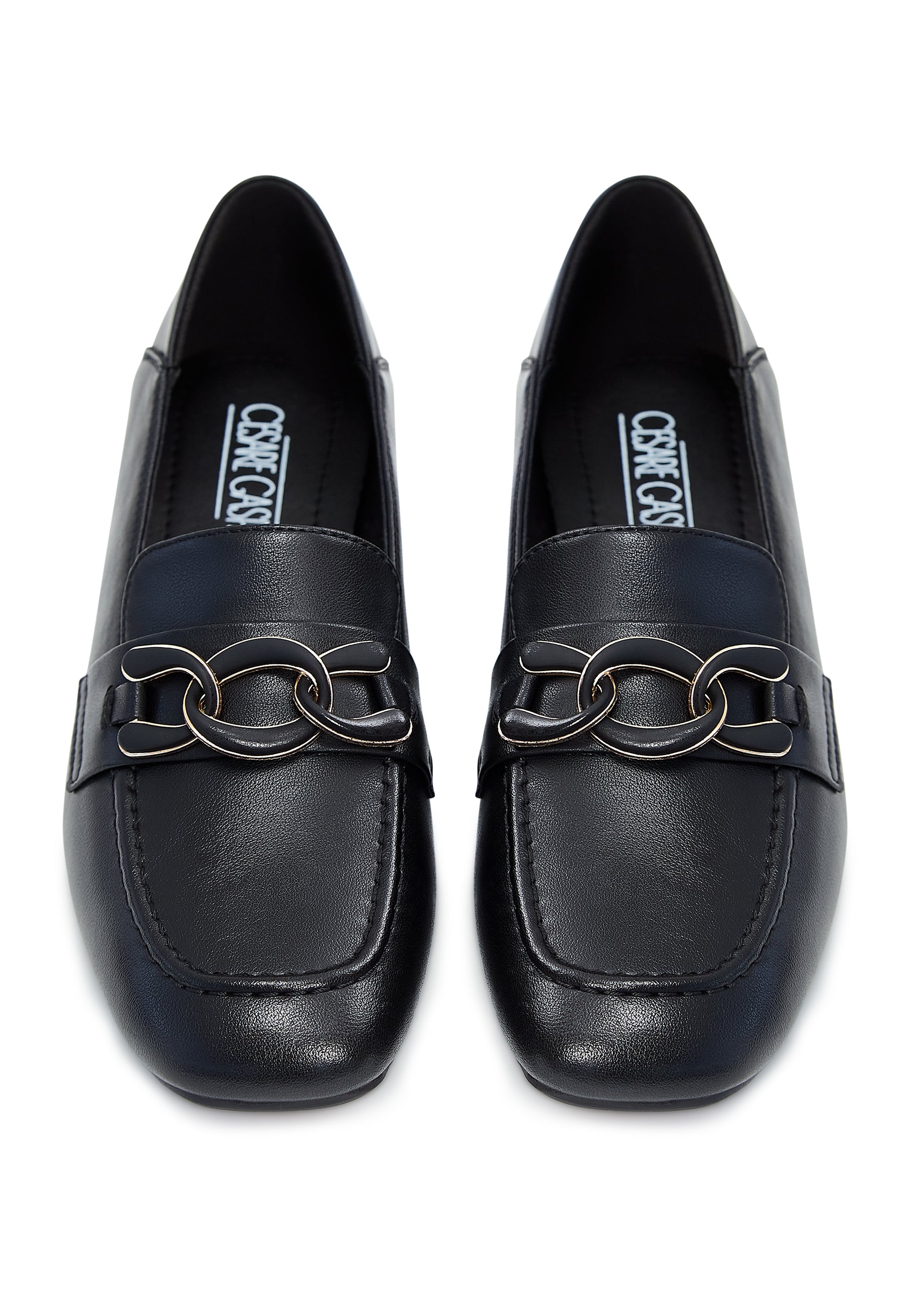 Chain Embellished Leather Loafers - Black