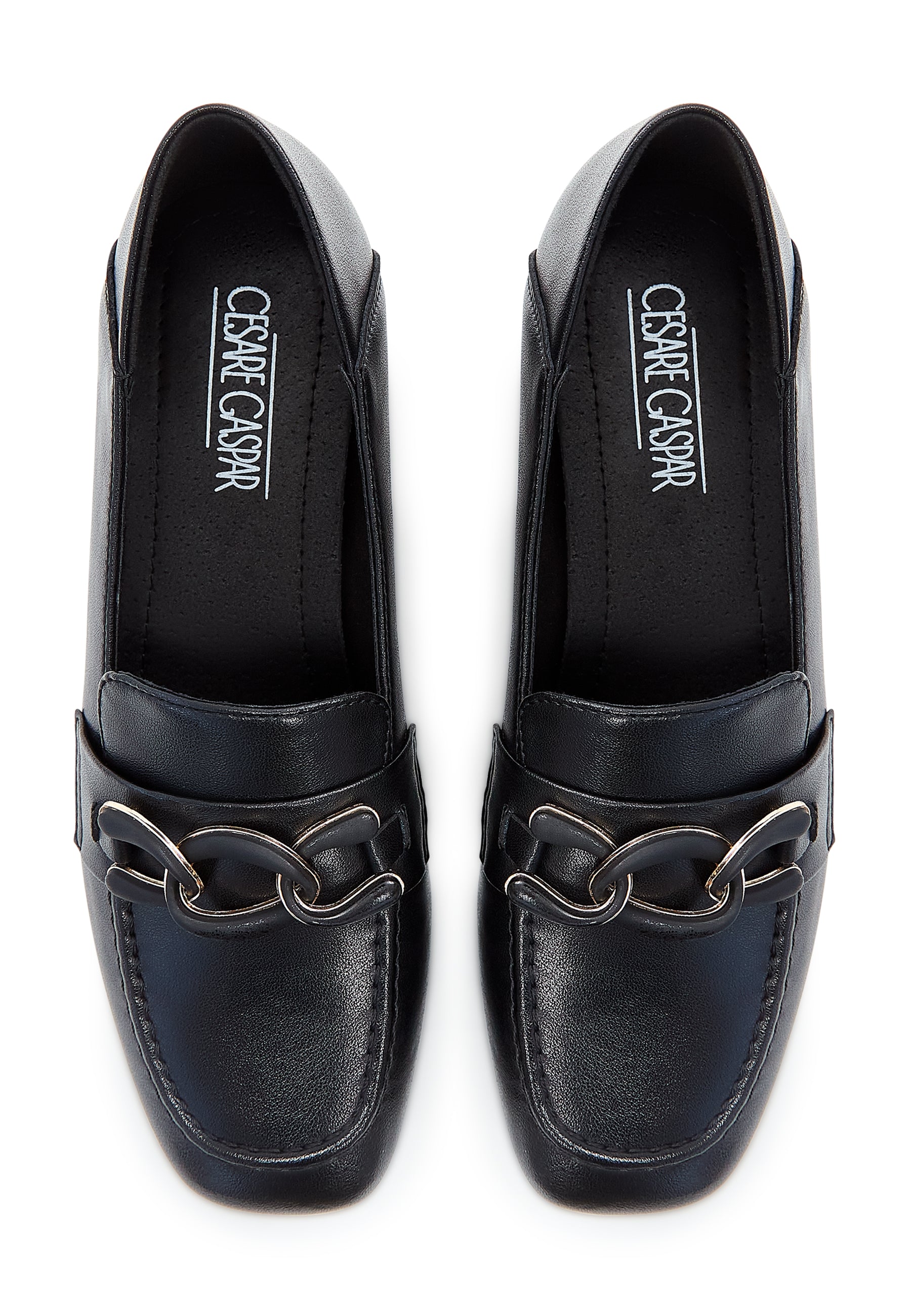 Chain Embellished Leather Loafers - Black