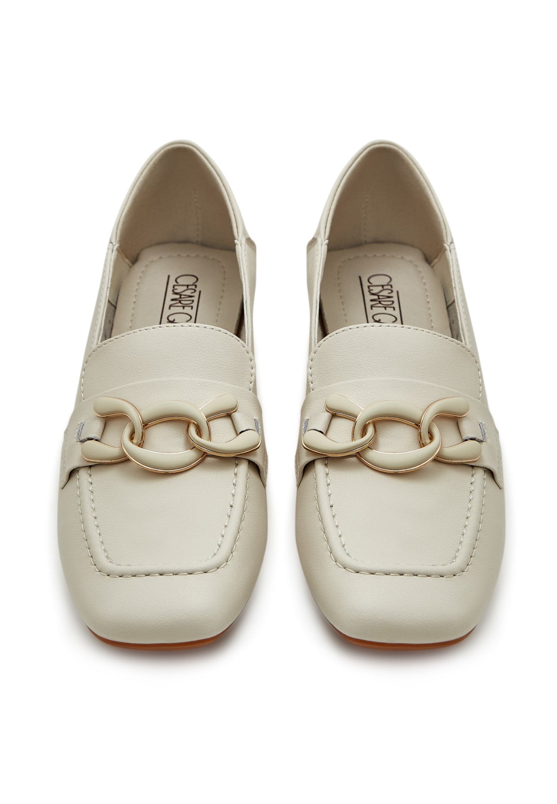 Chain Embellished Leather Loafers - Beige