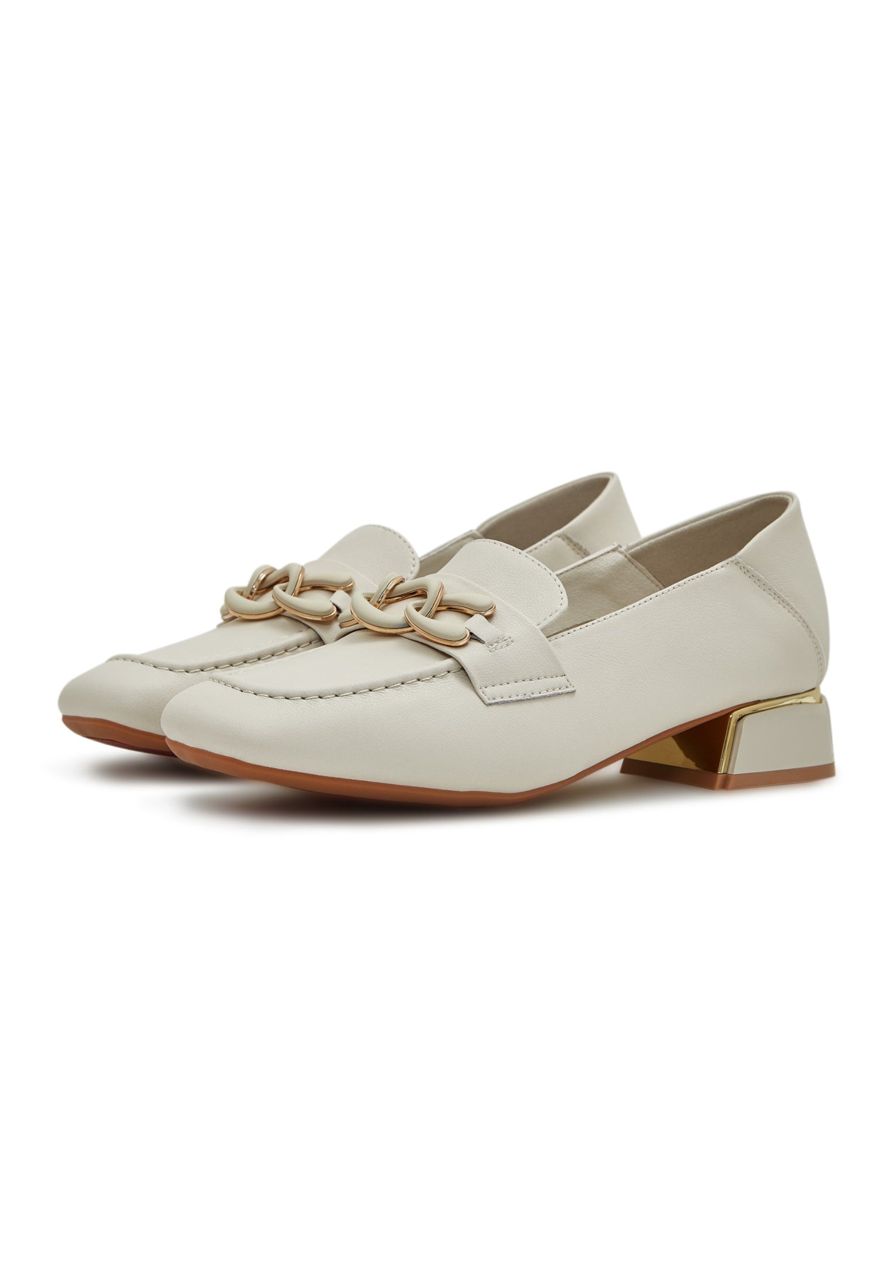 Chain Embellished Leather Loafers - Beige