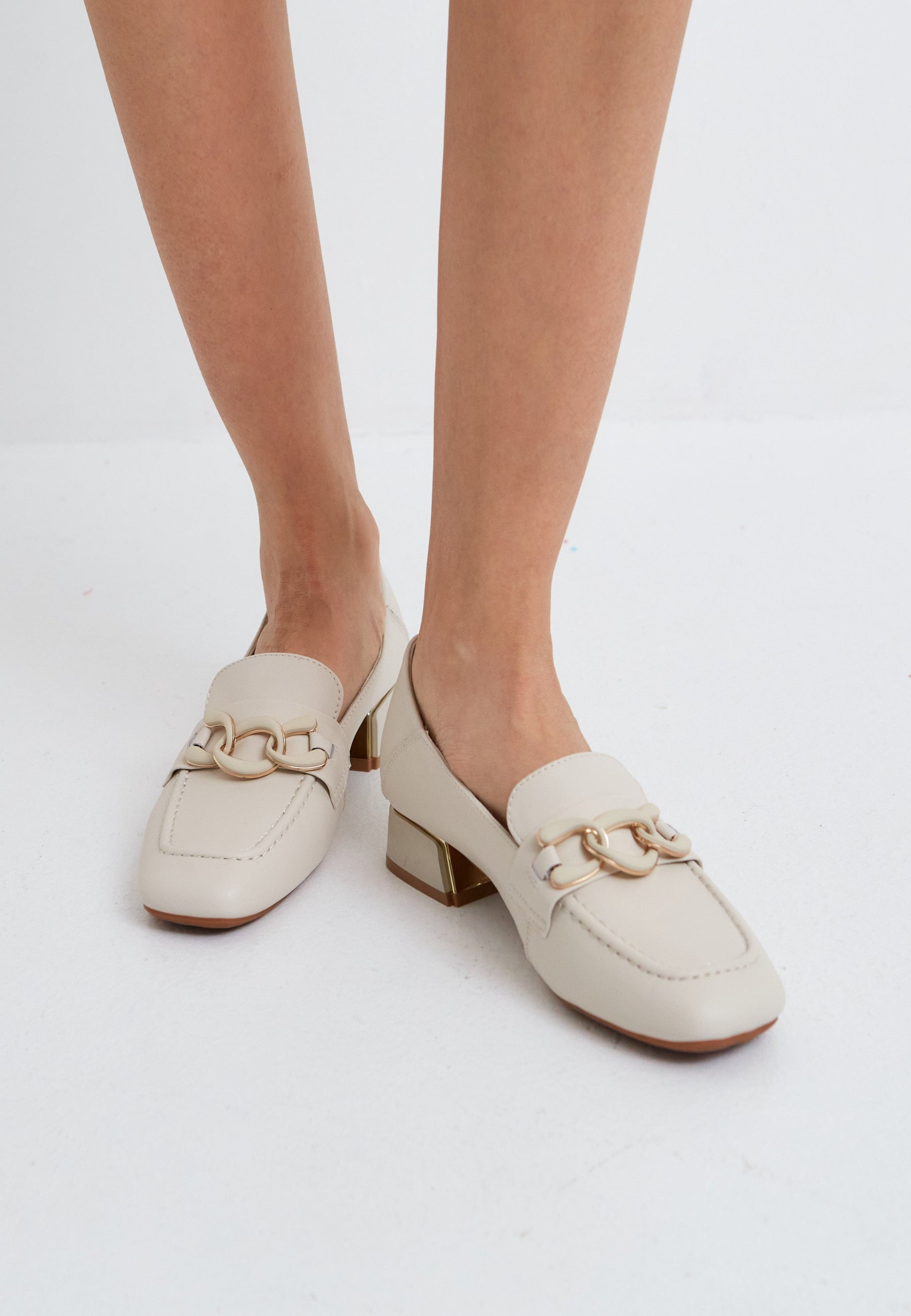 Chain Embellished Leather Loafers - Beige