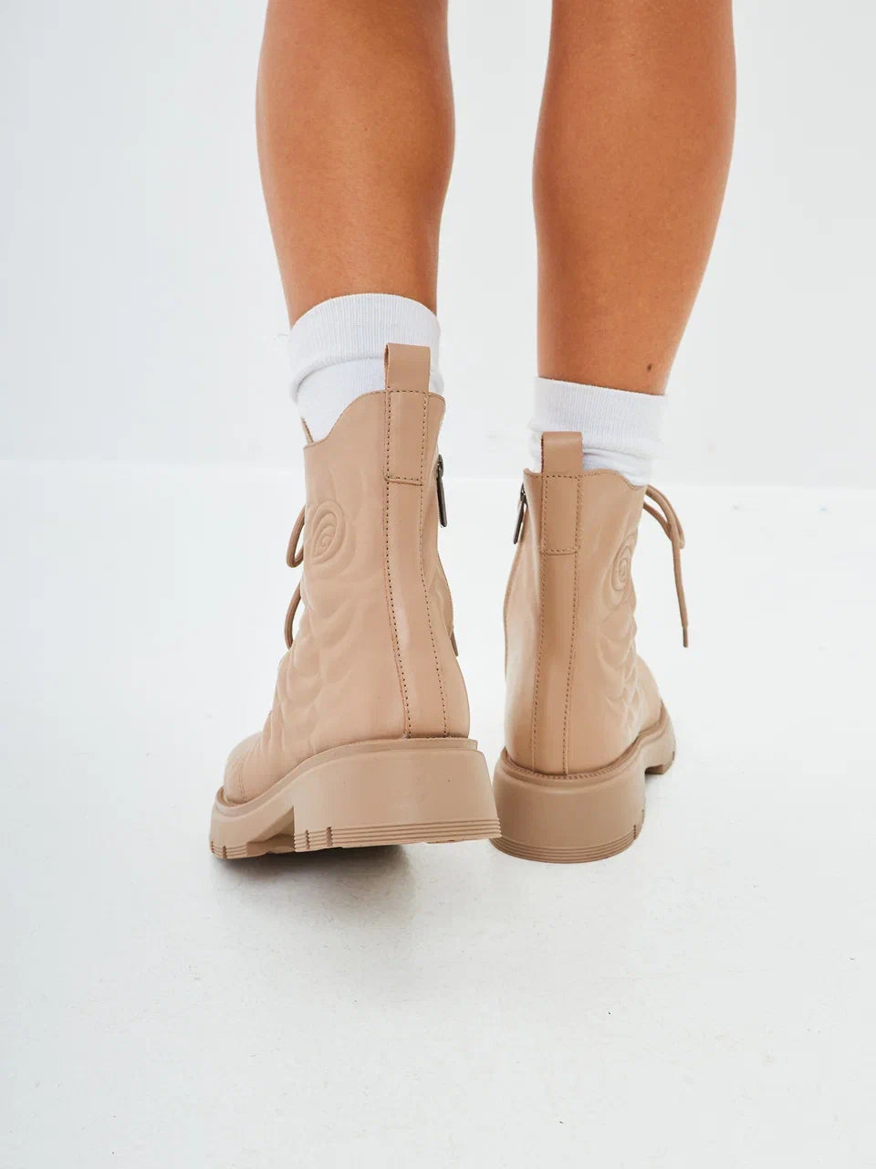 Leather Platform Ankle Boots - Beige