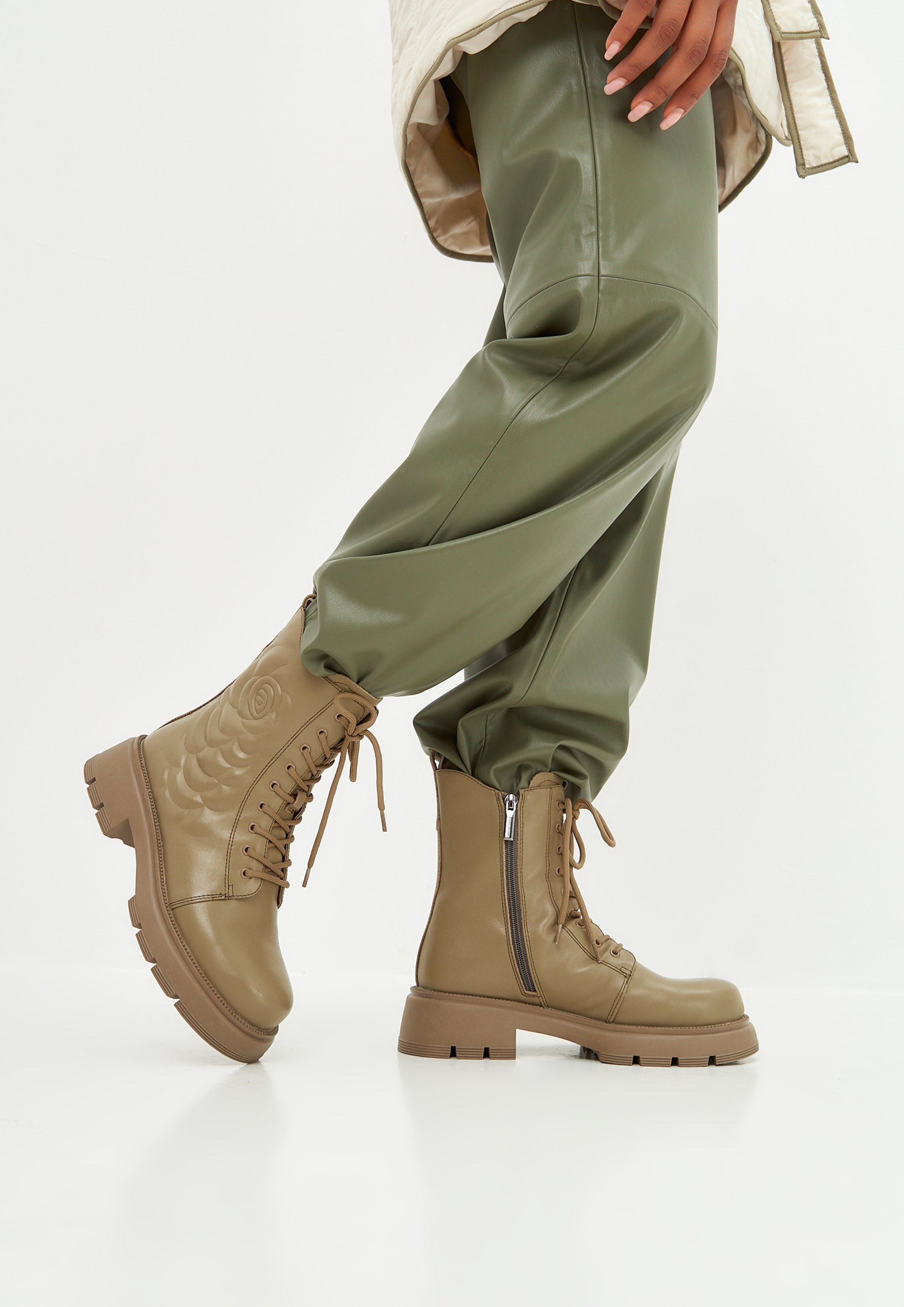 Leather Platform Ankle Boots - Green