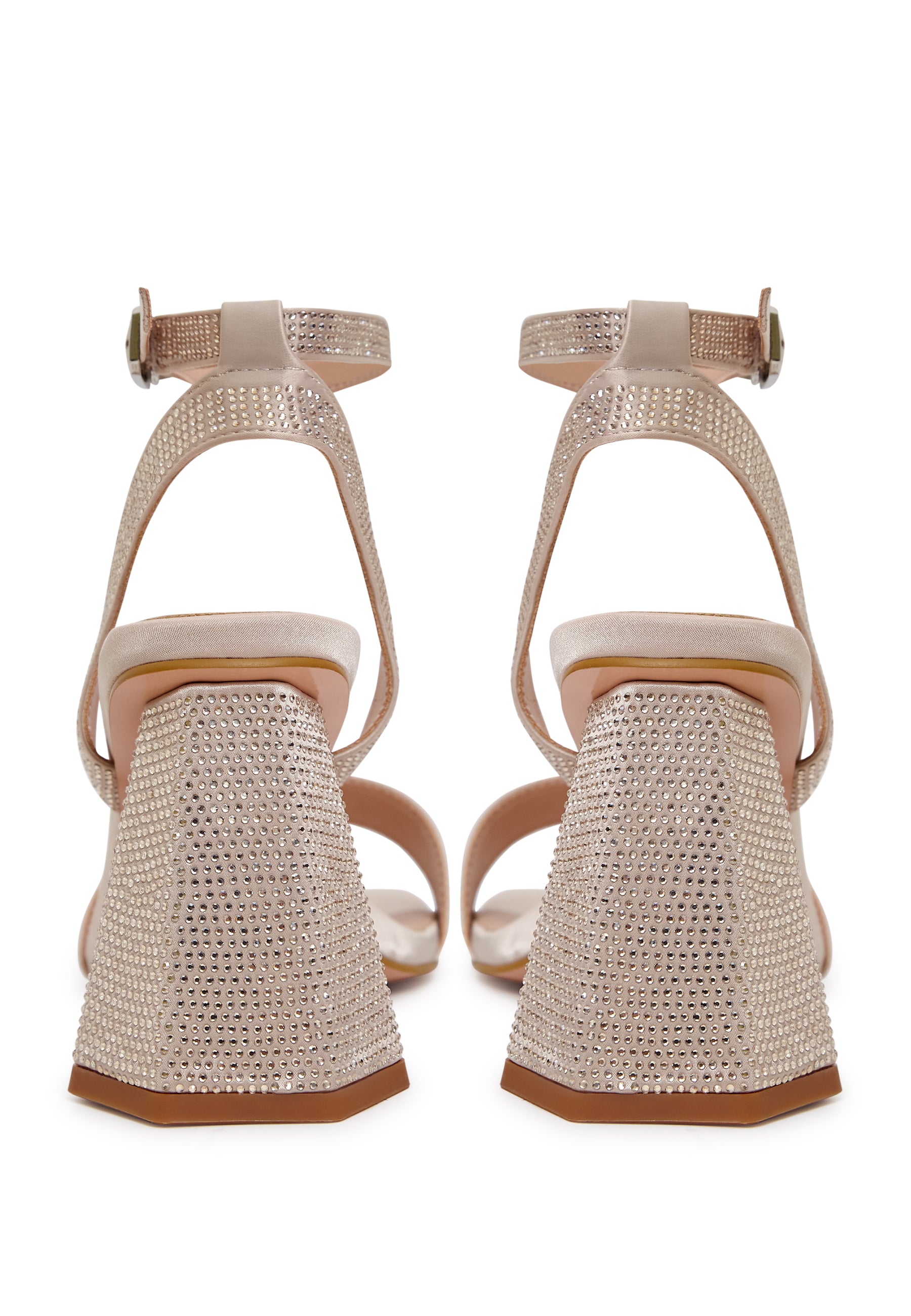 Strappy Block Heel Sandals with Rhinestones - Gold