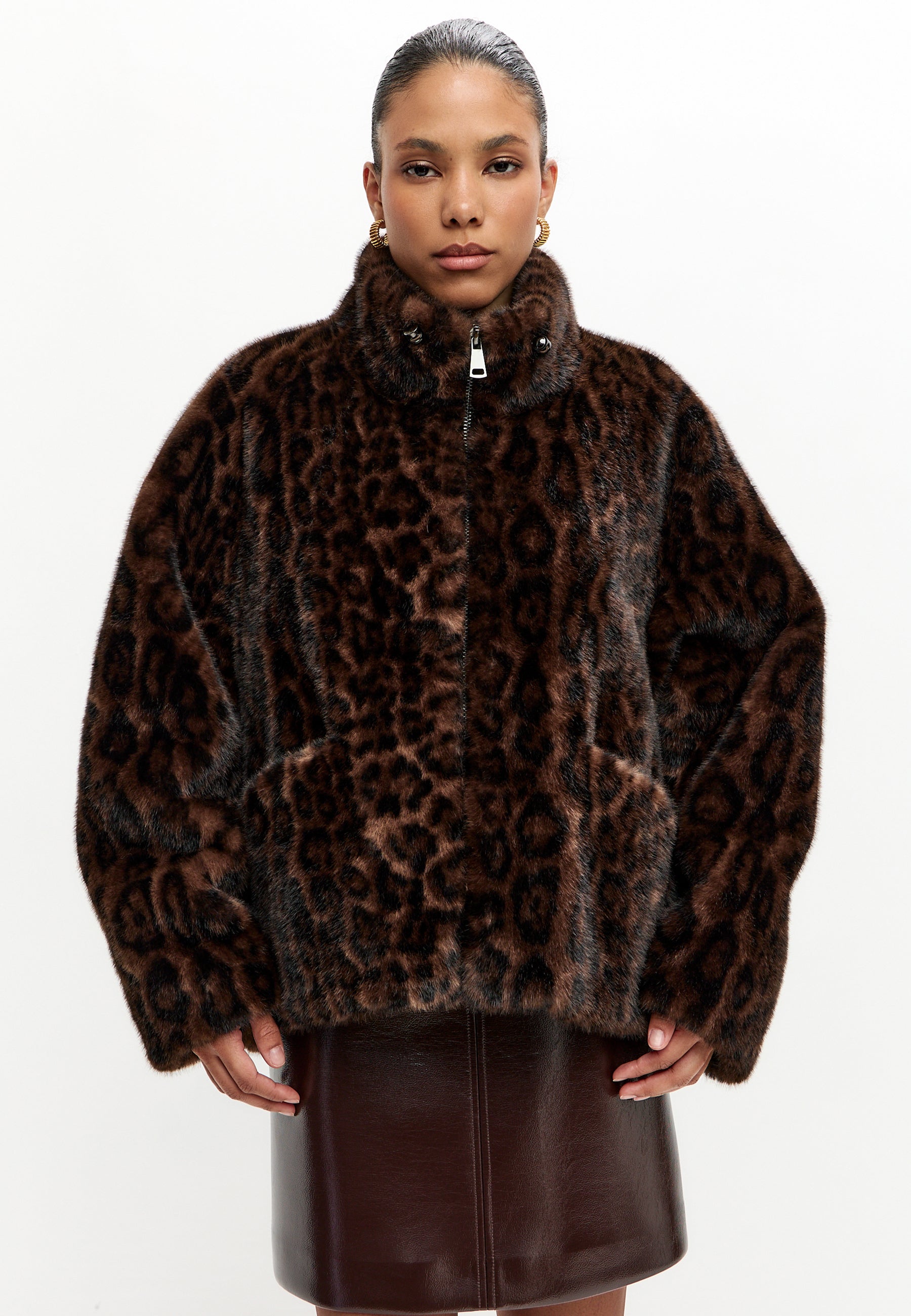Jakke i imiteret velour med lynlås – Leopard