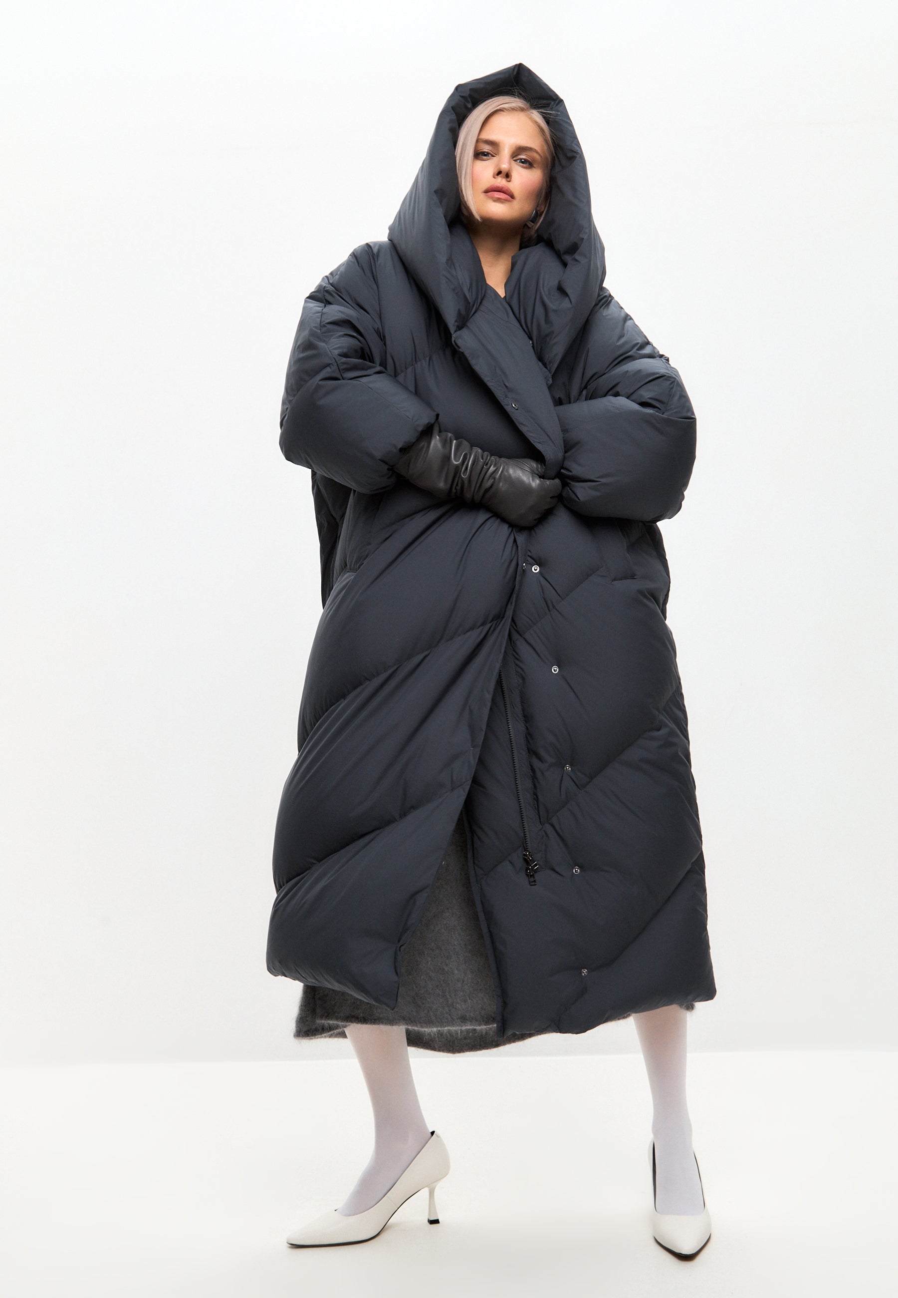 Oversized Hood Quilted Puffer Coat - Gray