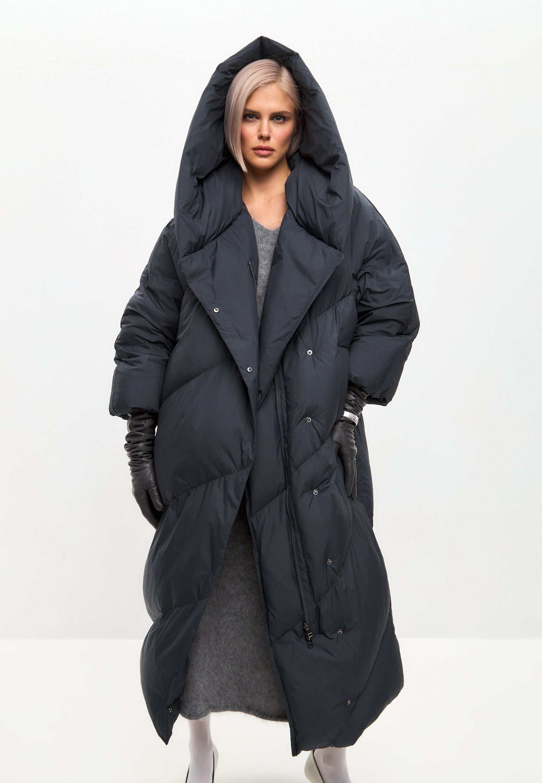 Oversized Hood Quilted Puffer Coat - Gray