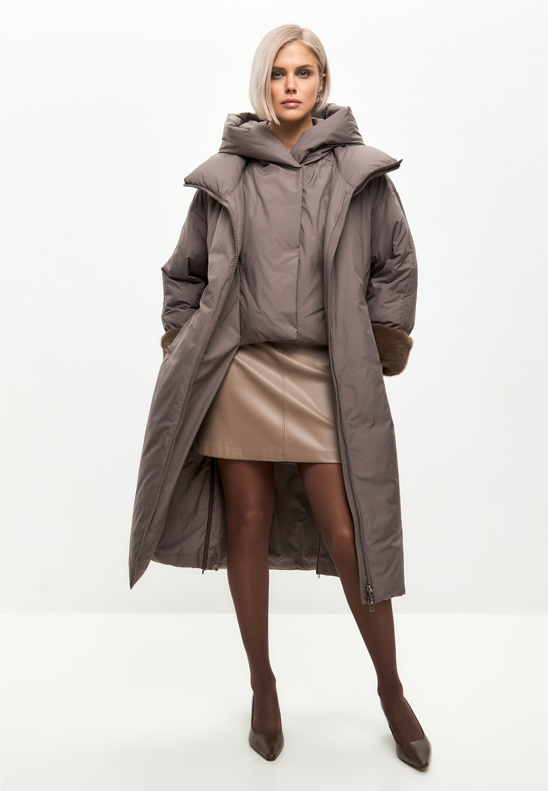 Oversized Hooded Puffer Coat with Faux Fur Cuffs - Beige