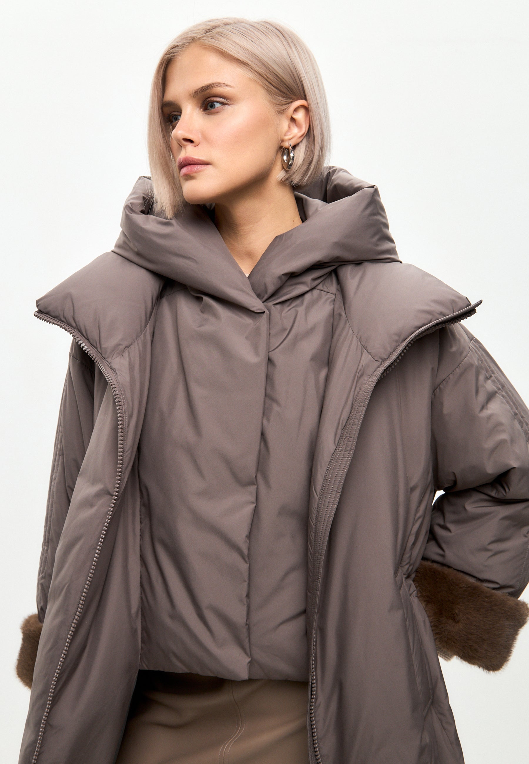 Oversized Hooded Puffer Coat with Faux Fur Cuffs - Beige