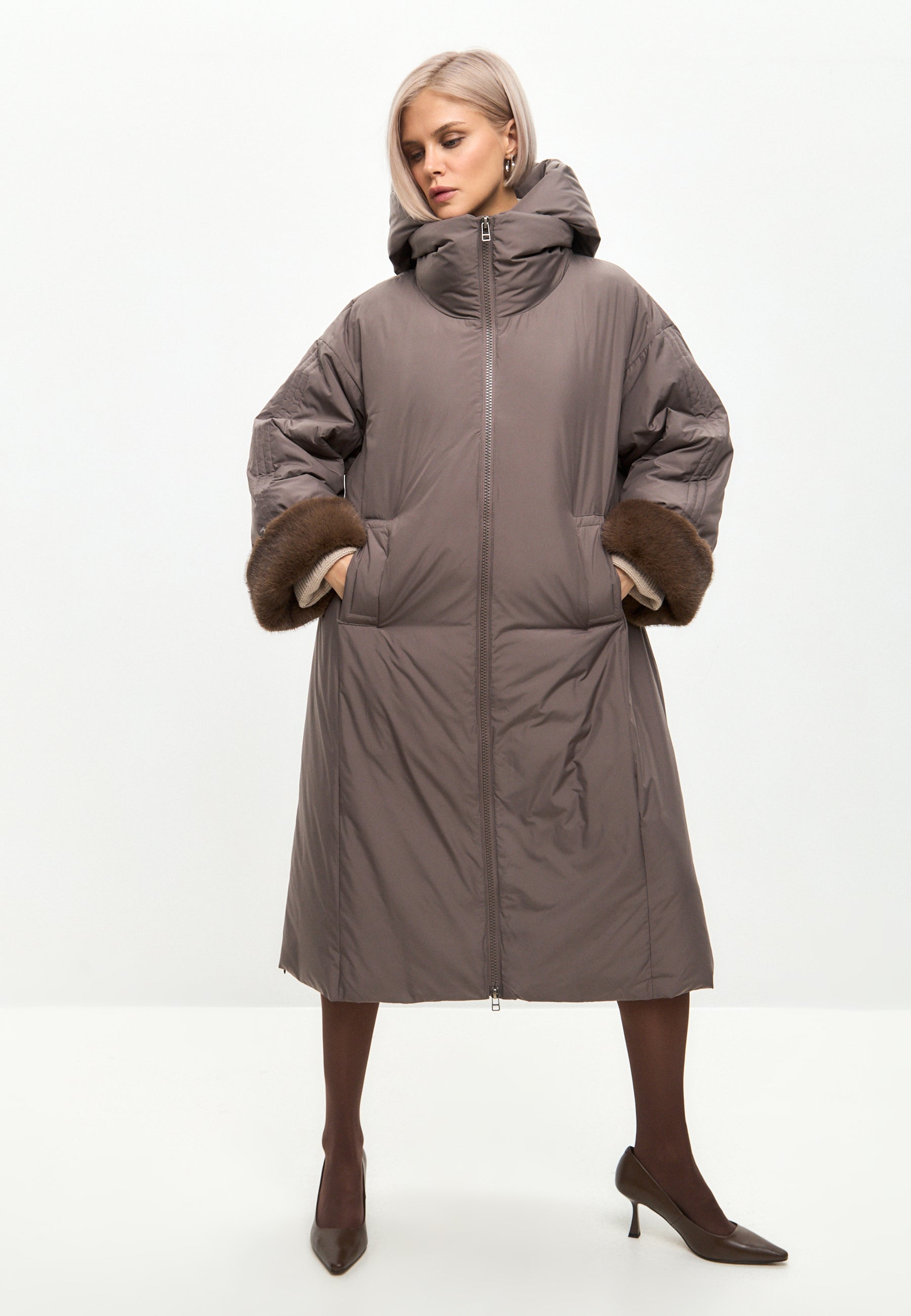 Oversized Hooded Puffer Coat with Faux Fur Cuffs - Beige