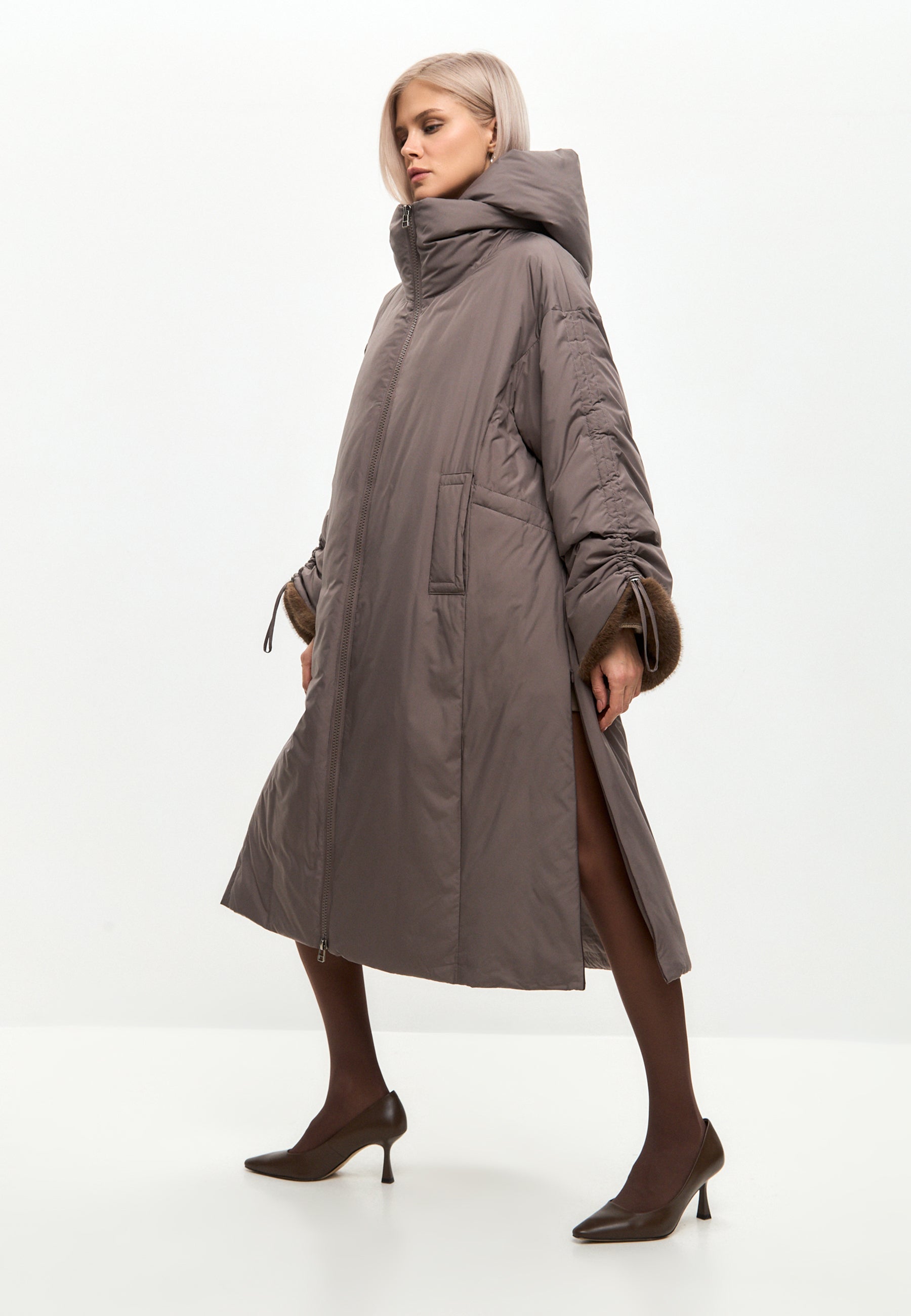 Oversized Hooded Puffer Coat with Faux Fur Cuffs - Beige