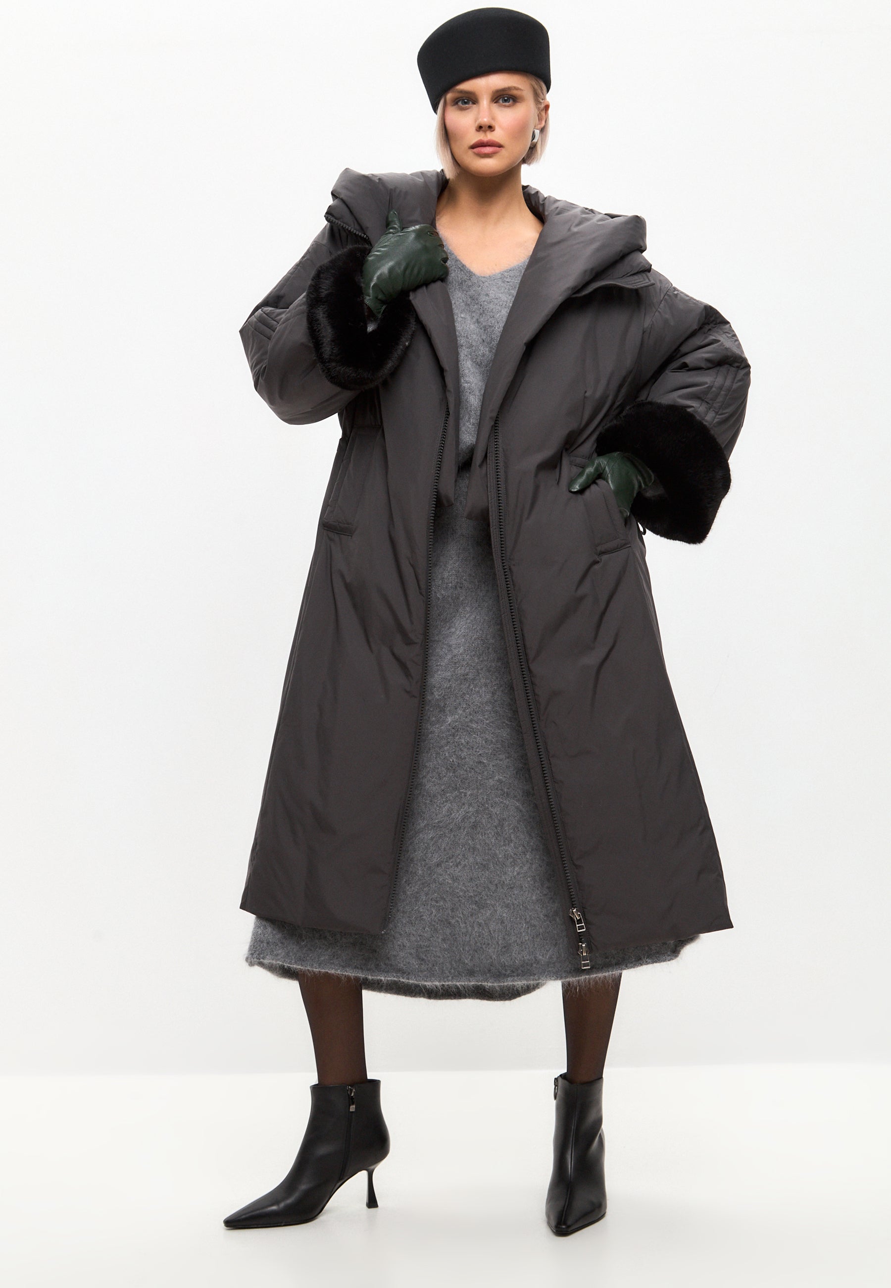 Oversized Hooded Puffer Coat with Faux Fur Cuffs - Gray