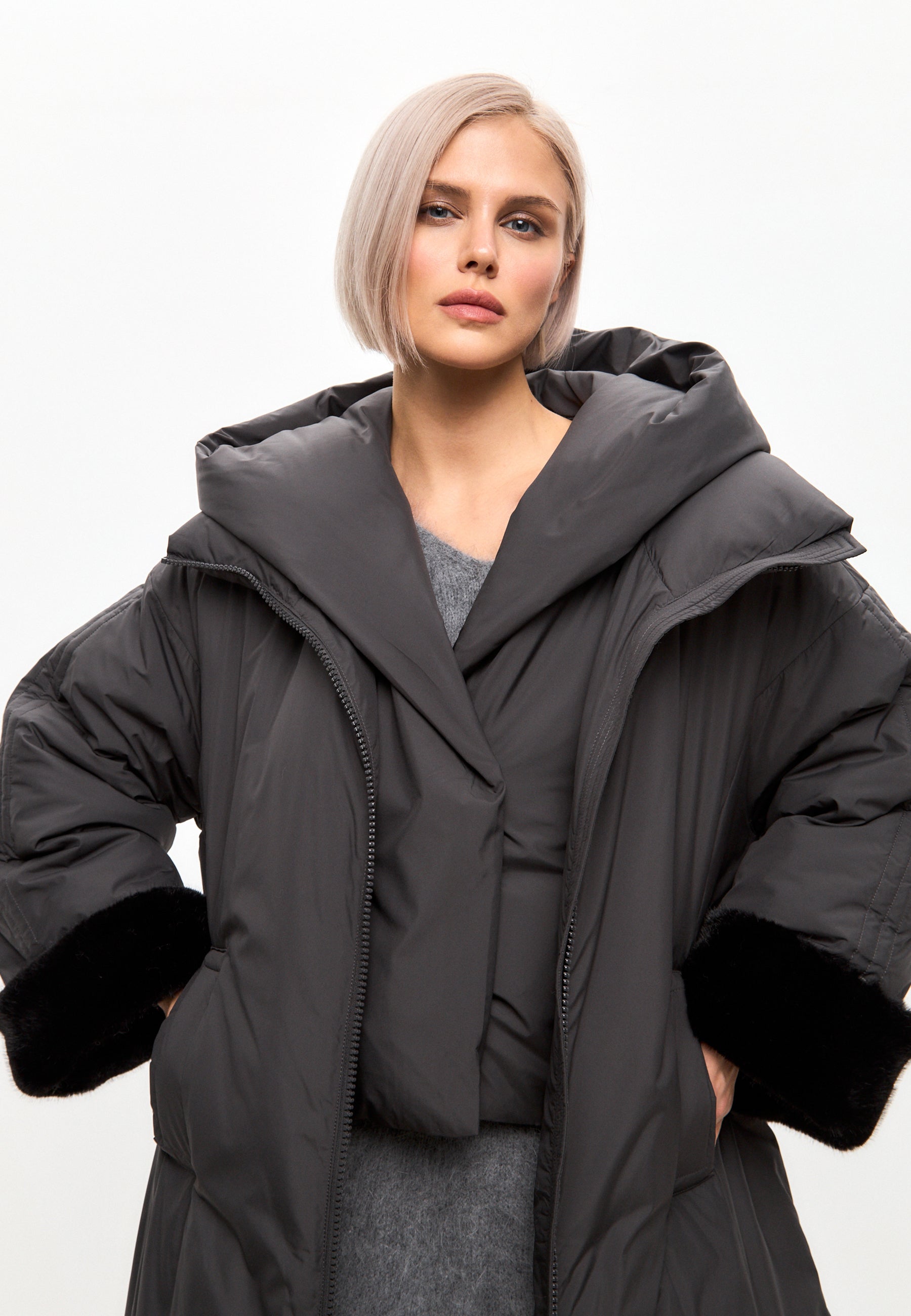 Oversized Hooded Puffer Coat with Faux Fur Cuffs - Gray