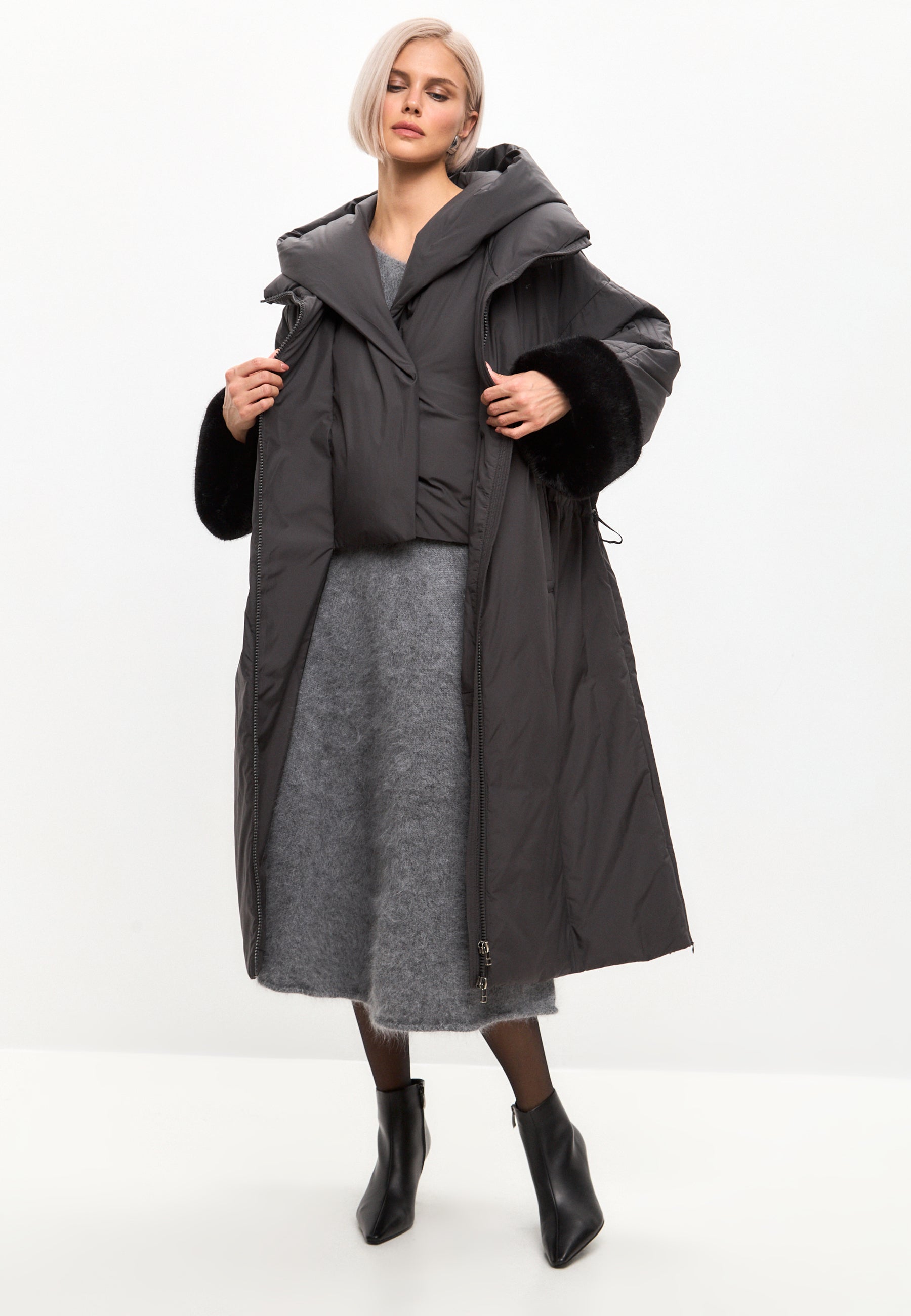 Oversized Hooded Puffer Coat with Faux Fur Cuffs - Gray