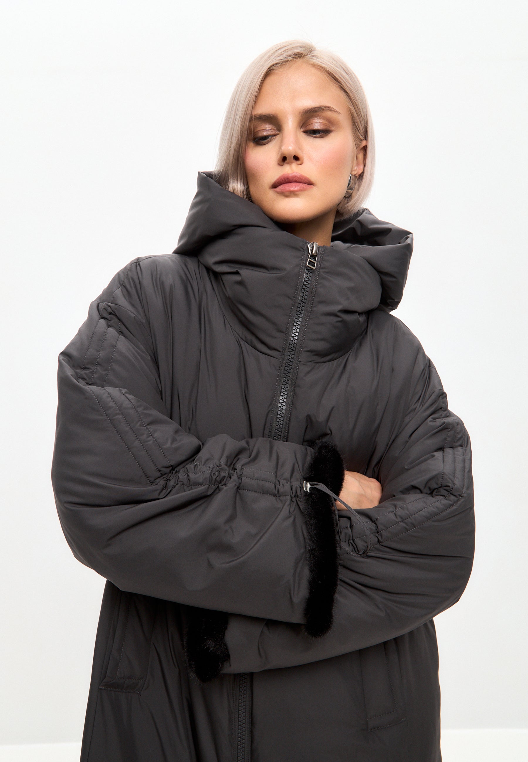 Oversized Hooded Puffer Coat with Faux Fur Cuffs - Gray