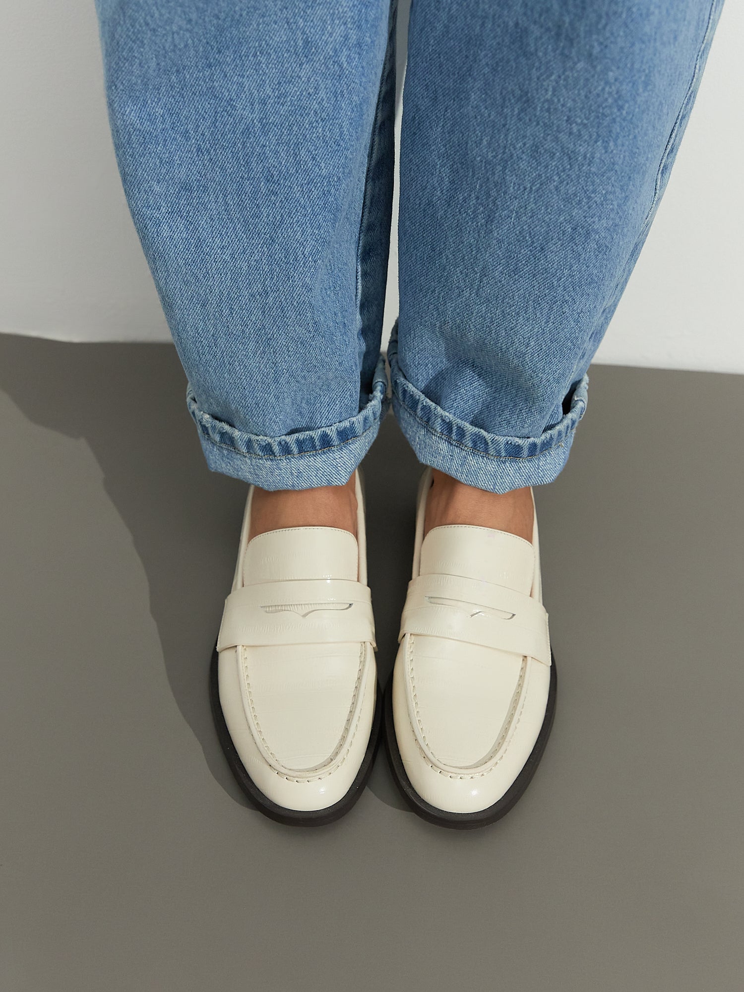 Leather Block Heeled Loafers - White