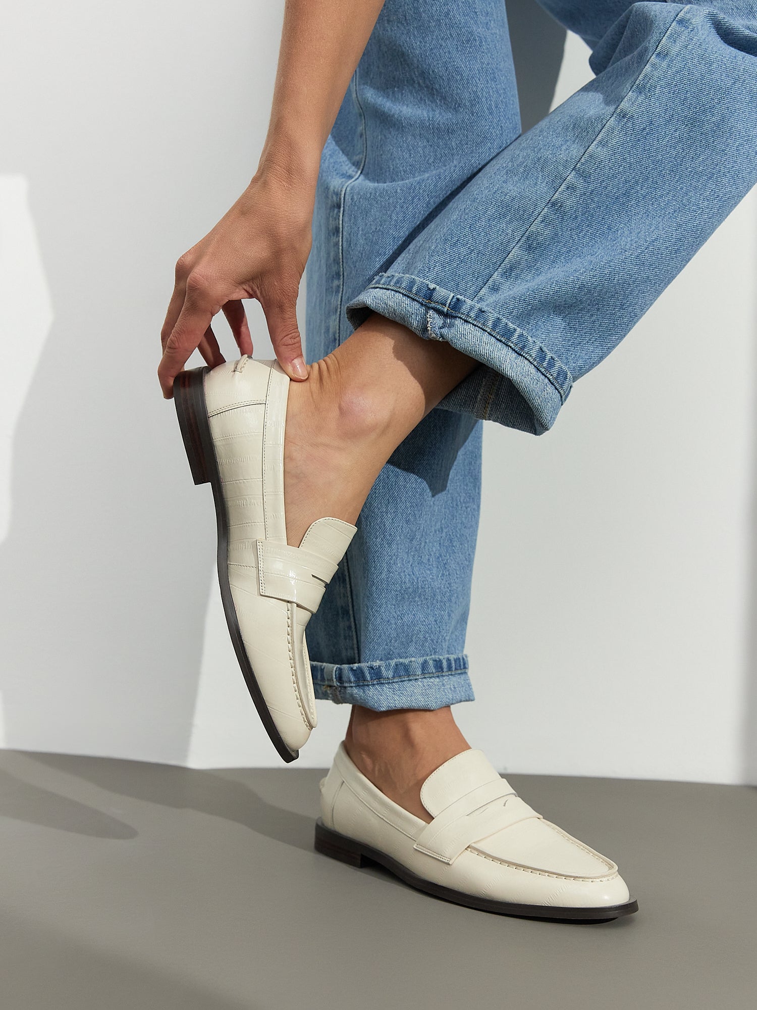 Leather Block Heeled Loafers - White