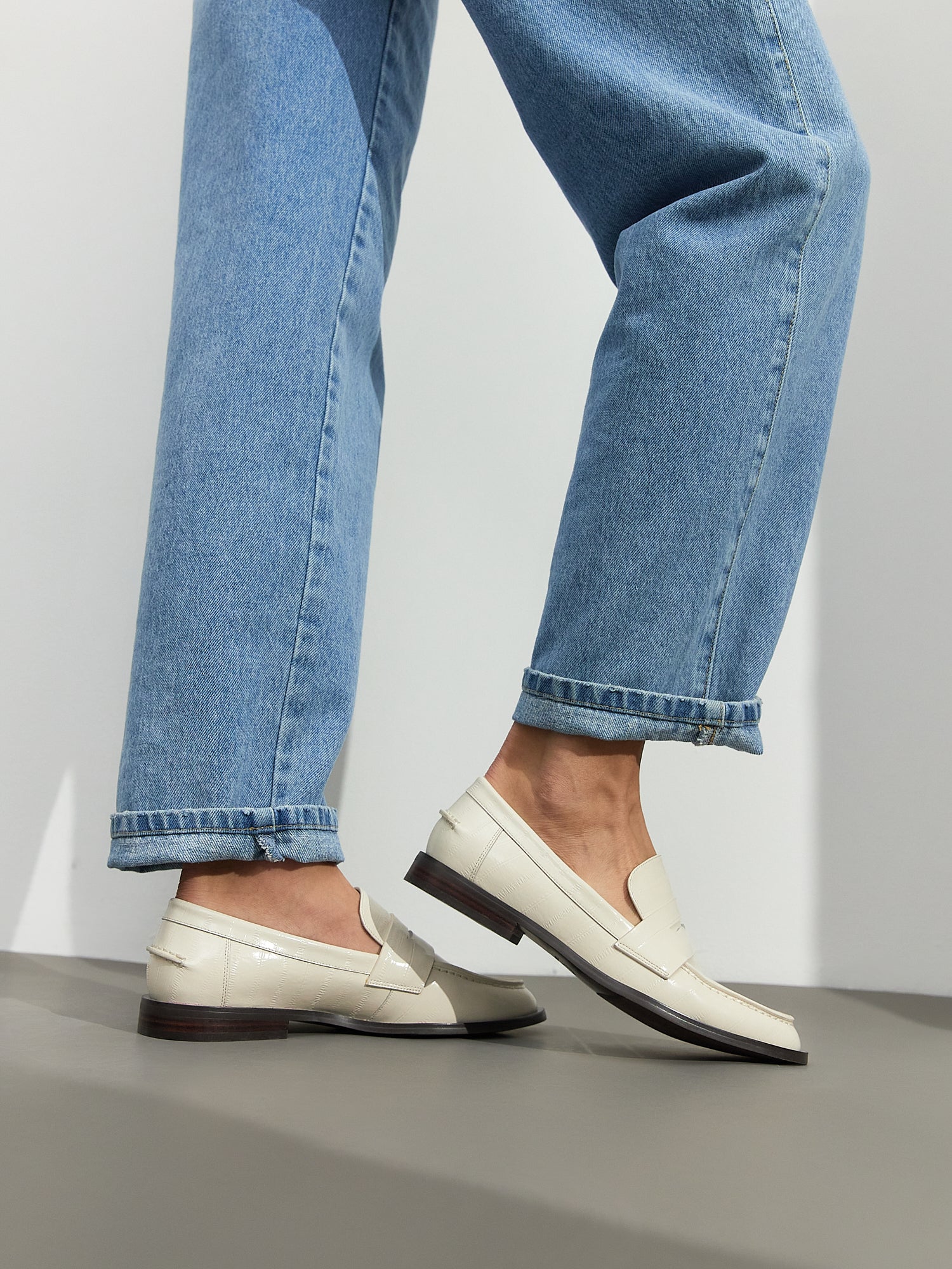 Leather Block Heeled Loafers - White