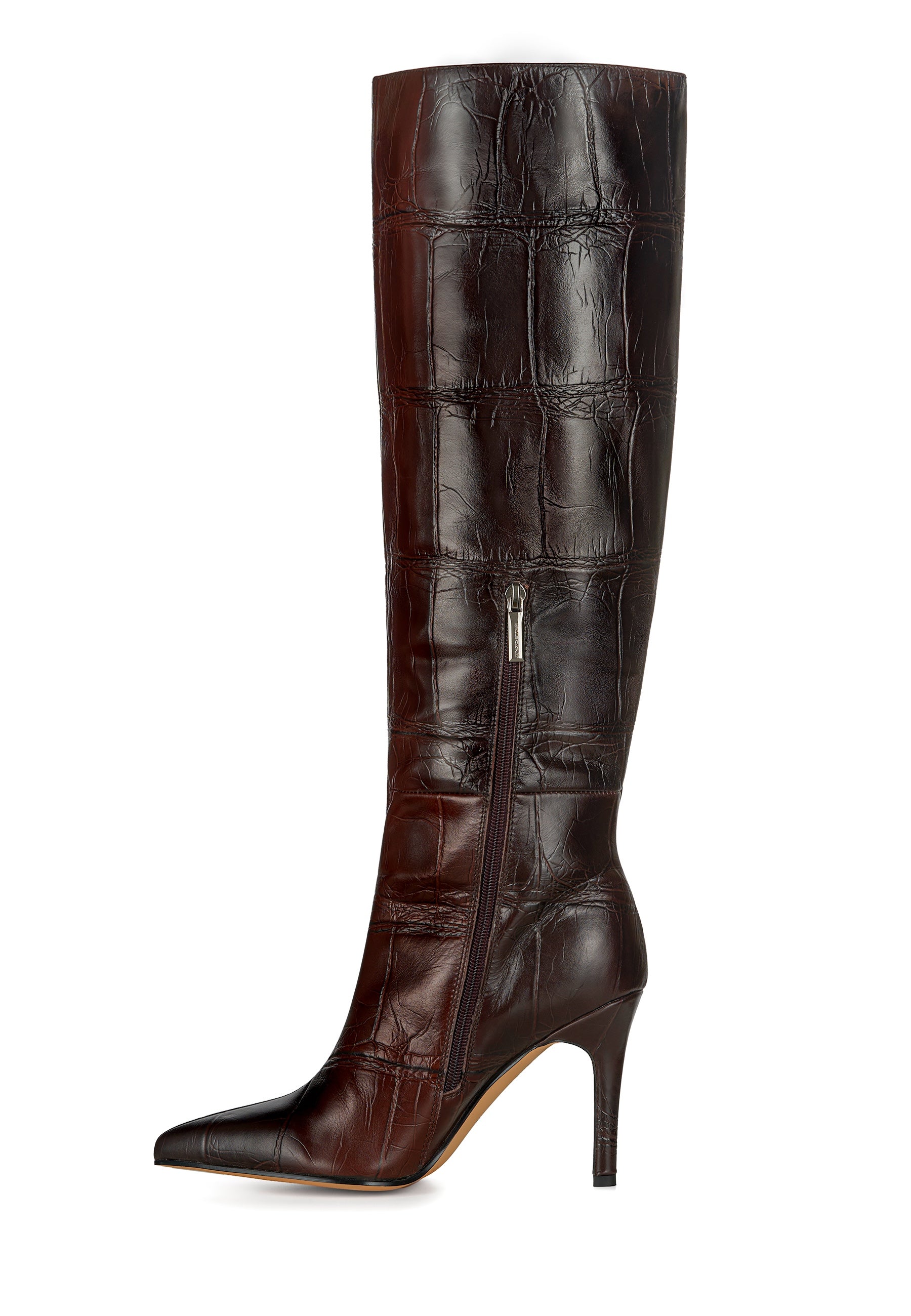 Luxurious Brown Croc-Embossed Leather Knee-High Boots - High Heel Elegance - Brown