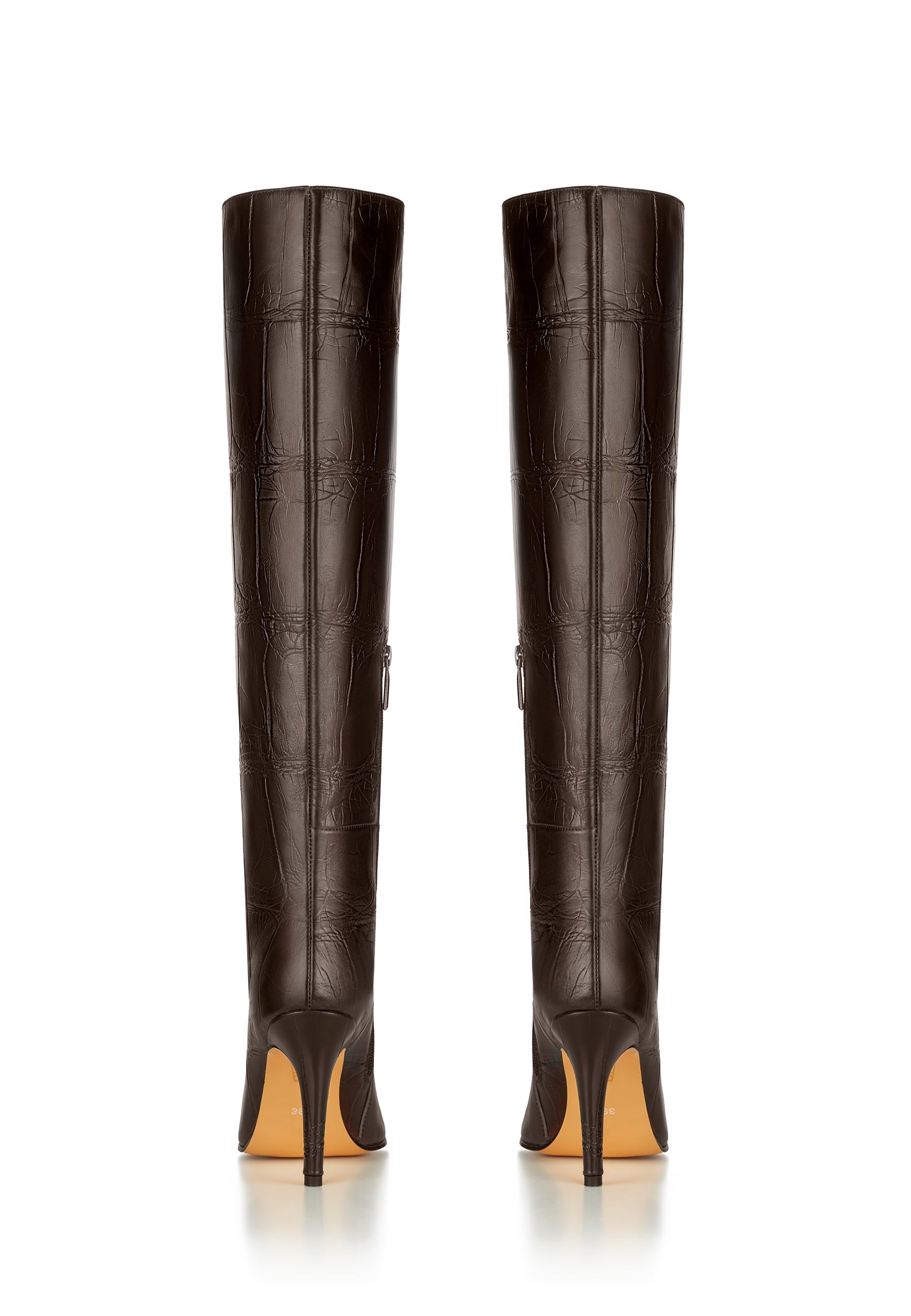 Luxurious Brown Croc-Embossed Leather Knee-High Boots - High Heel Elegance - Brown