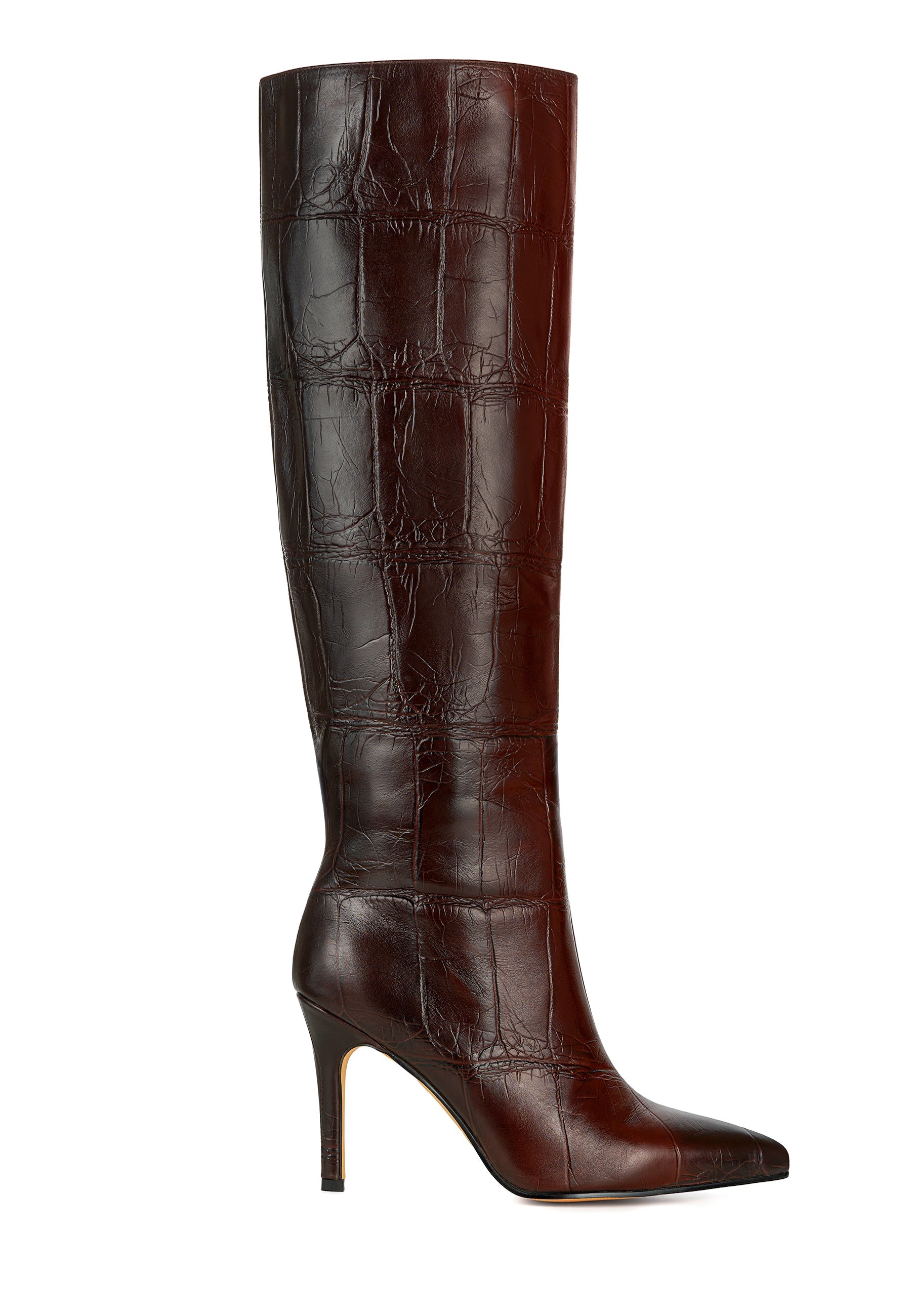 Luxurious Brown Croc-Embossed Leather Knee-High Boots - High Heel Elegance - Brown