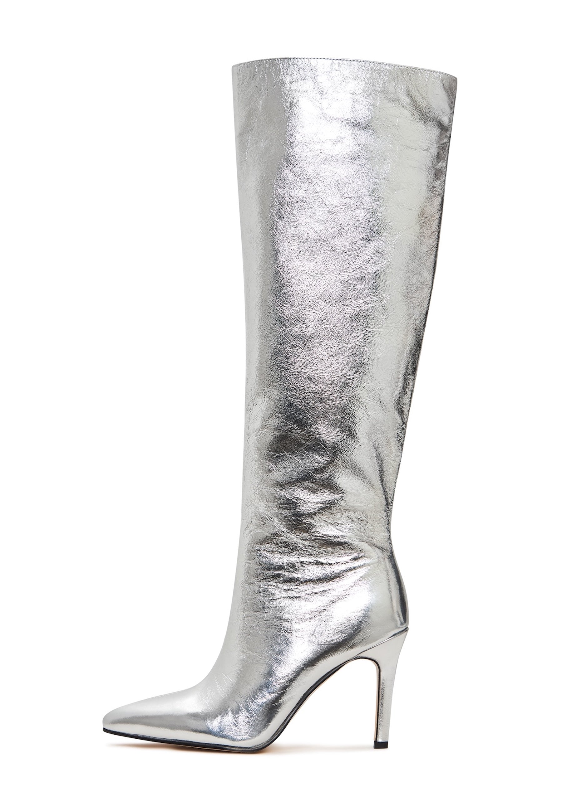 Elegant Silver Knee-High Metallic Boots - Trendy High Heel Statement Footwear - Silver