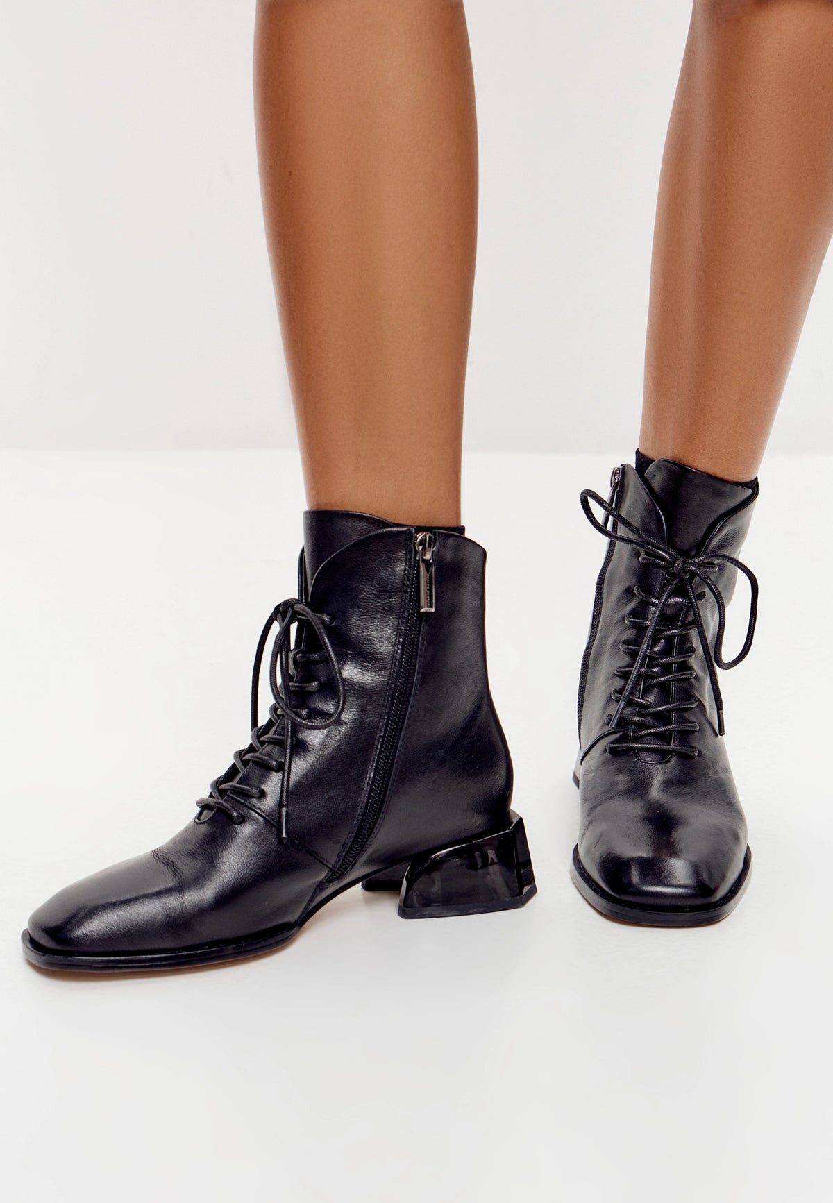 Geometric Heel Lace-Up Bootie - Black