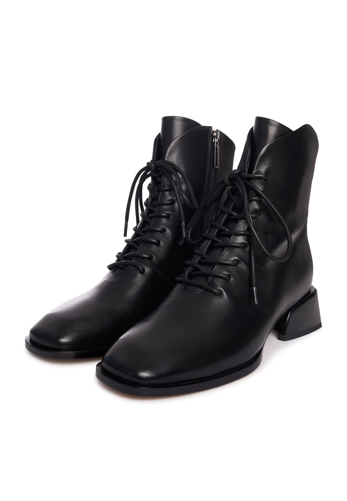 Geometric Heel Lace-Up Bootie - Black