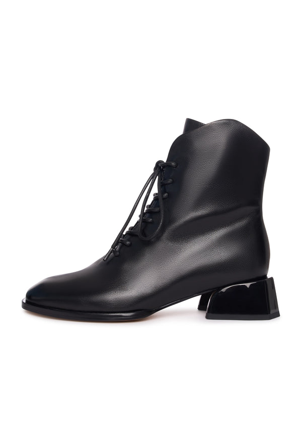 Geometric Heel Lace-Up Bootie - Black