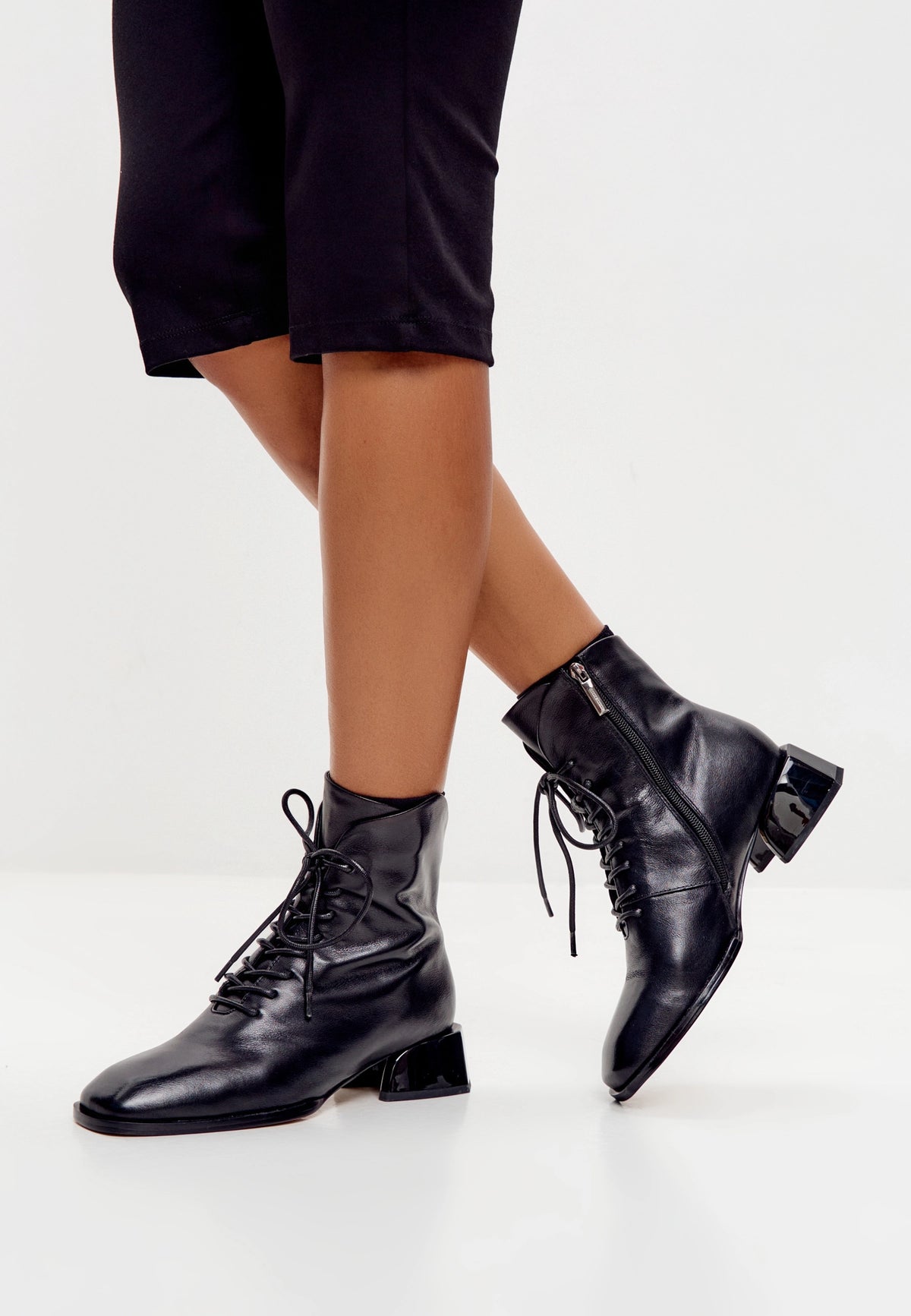 Geometric Heel Lace-Up Bootie - Black