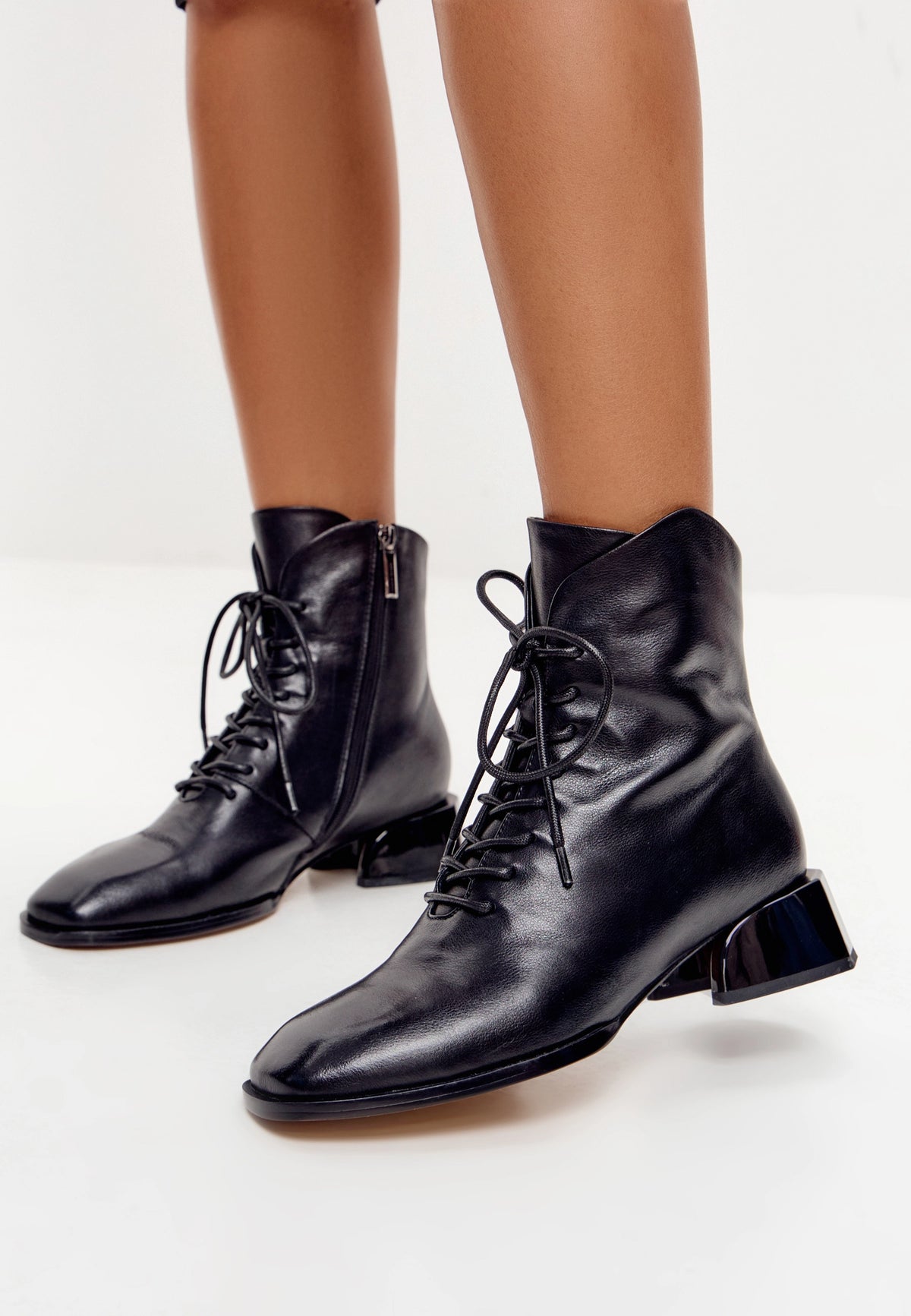 Geometric Heel Lace-Up Bootie - Black