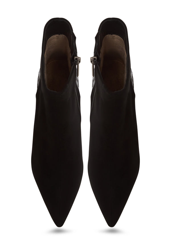 Textured Heel Pointed Ankle Boot - Black Croc