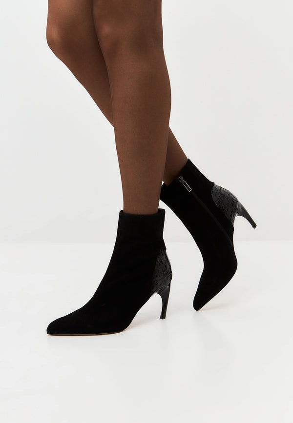 Textured Heel Pointed Ankle Boot - Black Croc