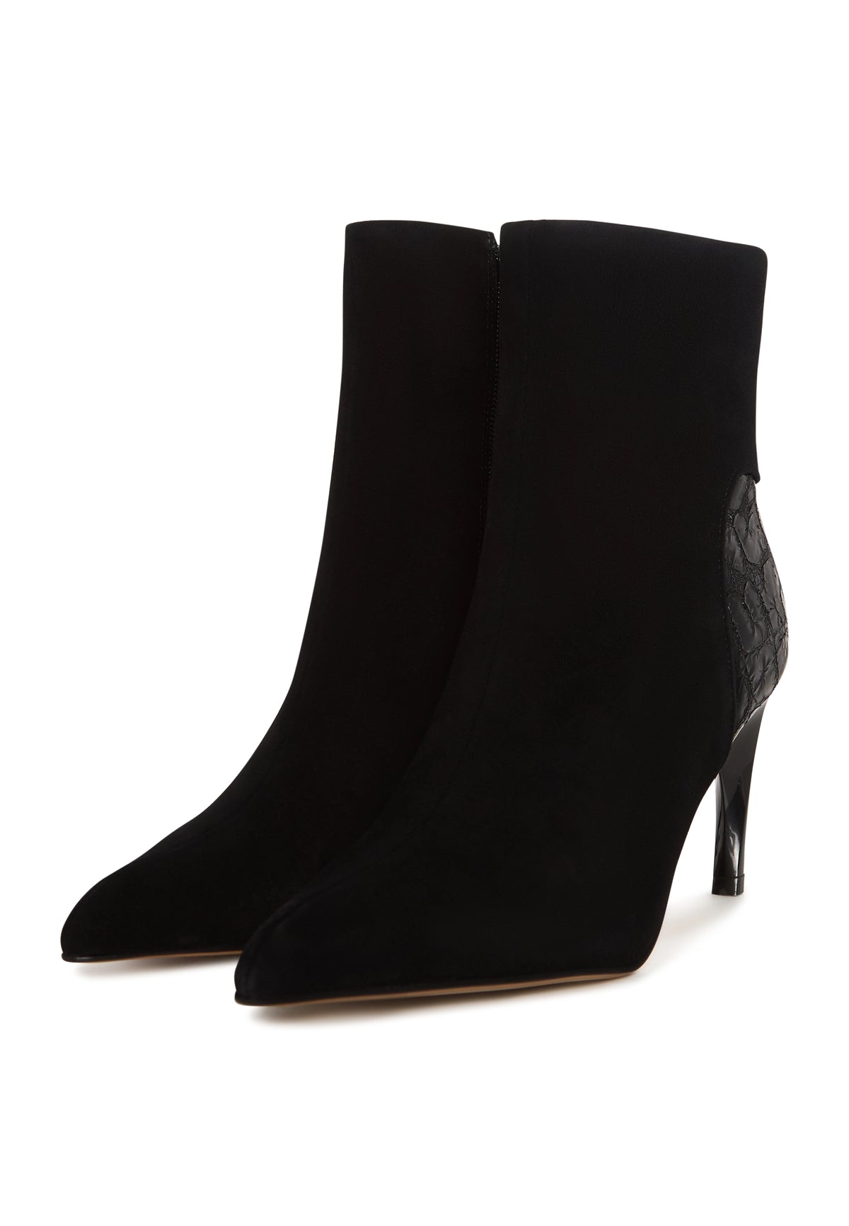 Textured Heel Pointed Ankle Boot - Black Croc