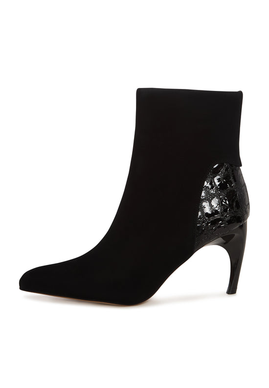 Textured Heel Pointed Ankle Boot - Black Croc