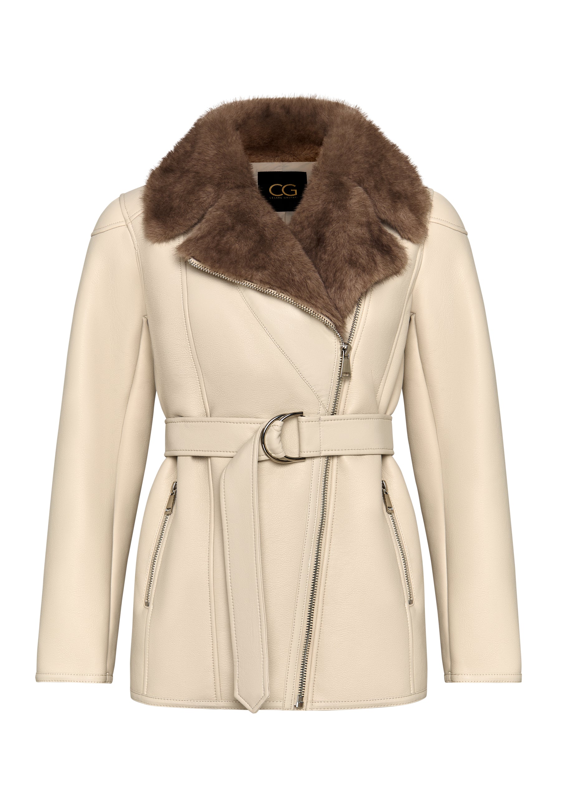 Luxurious Women’s Shearling-Lined Beige Coat with Belt – Elegant Winter Jacket