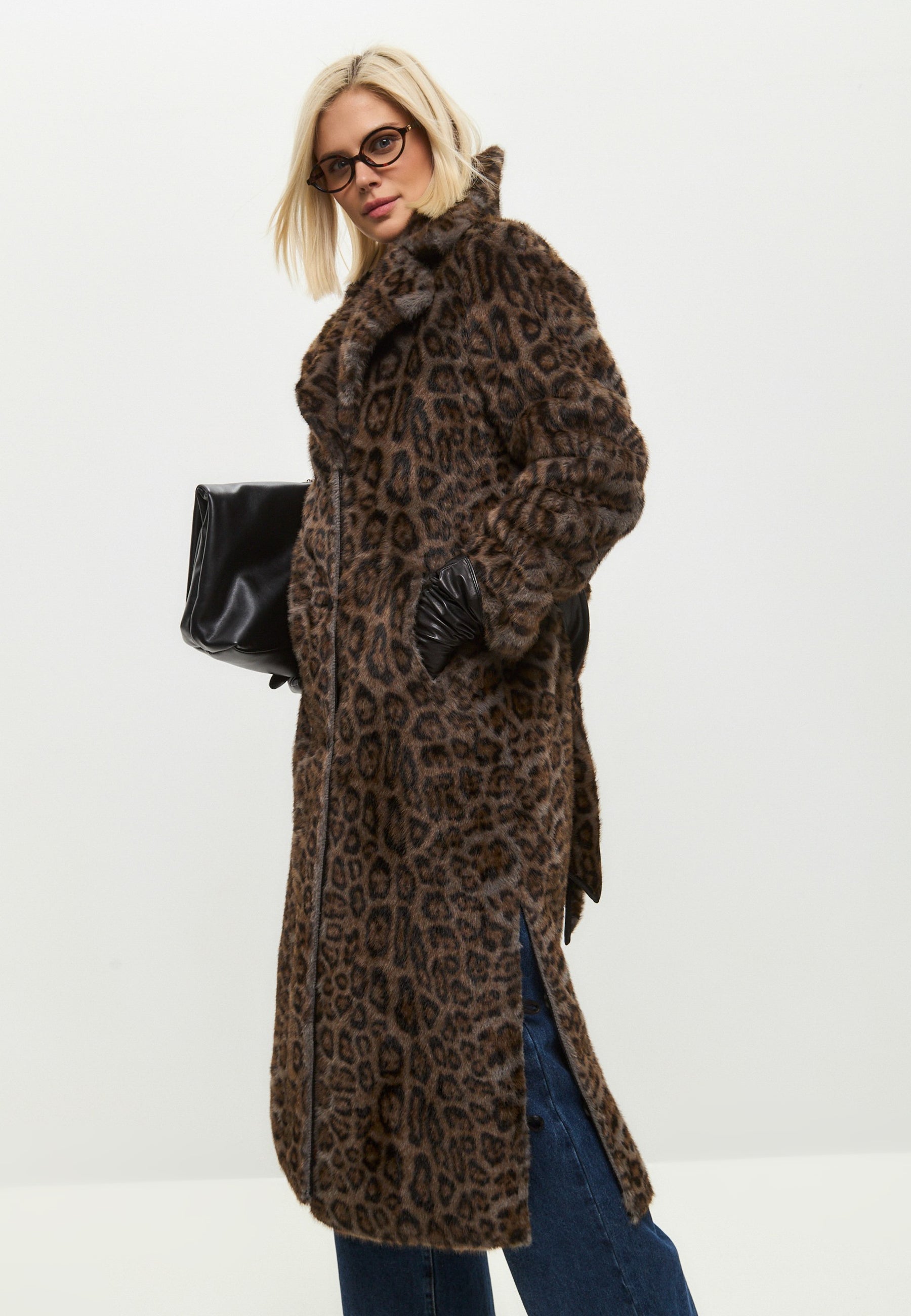 Reversible Faux Animal Print Shearling Long Coat