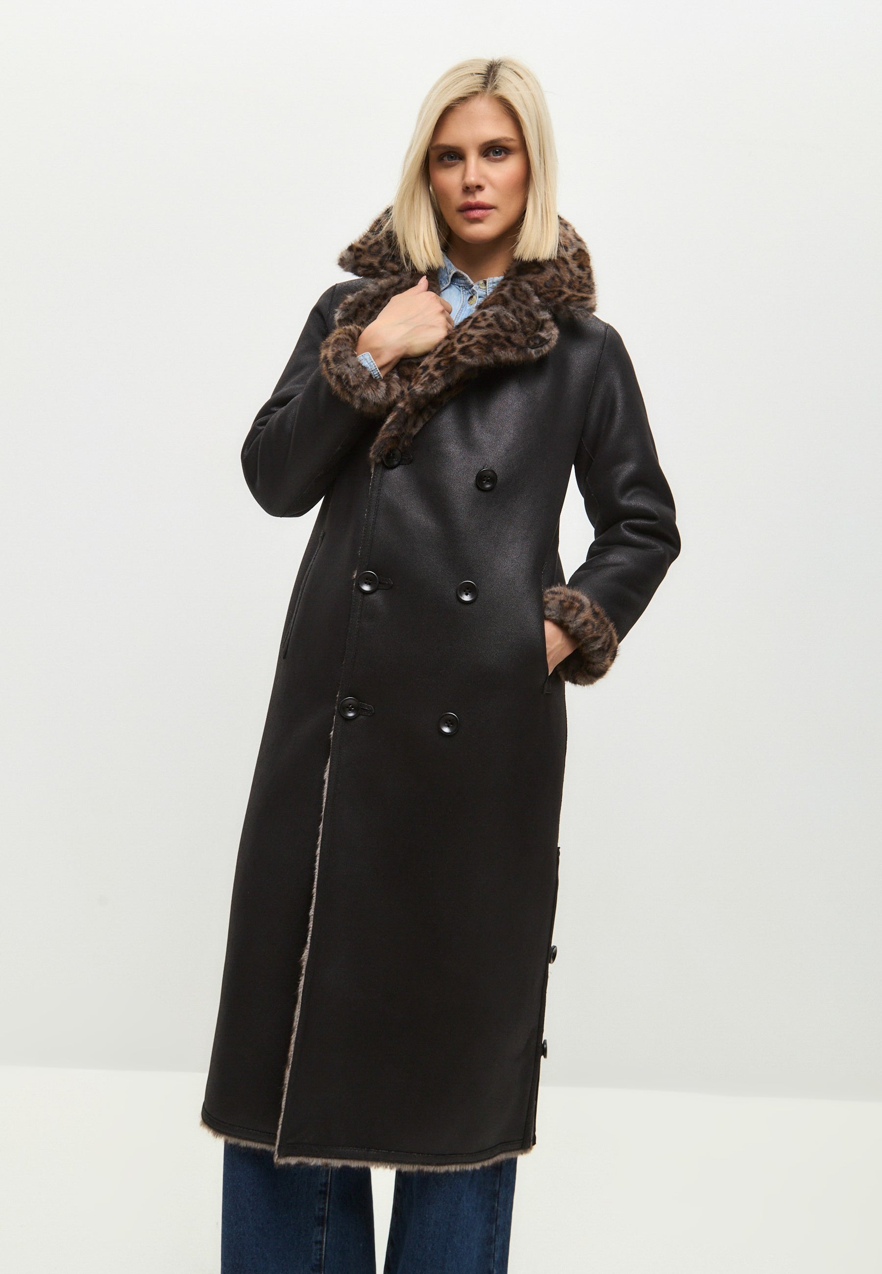 Reversible Faux Animal Print Shearling Long Coat