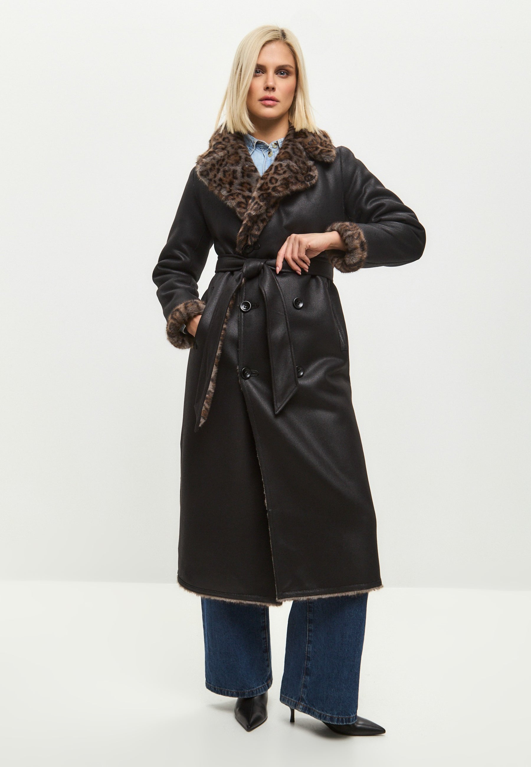 Reversible Faux Animal Print Shearling Long Coat