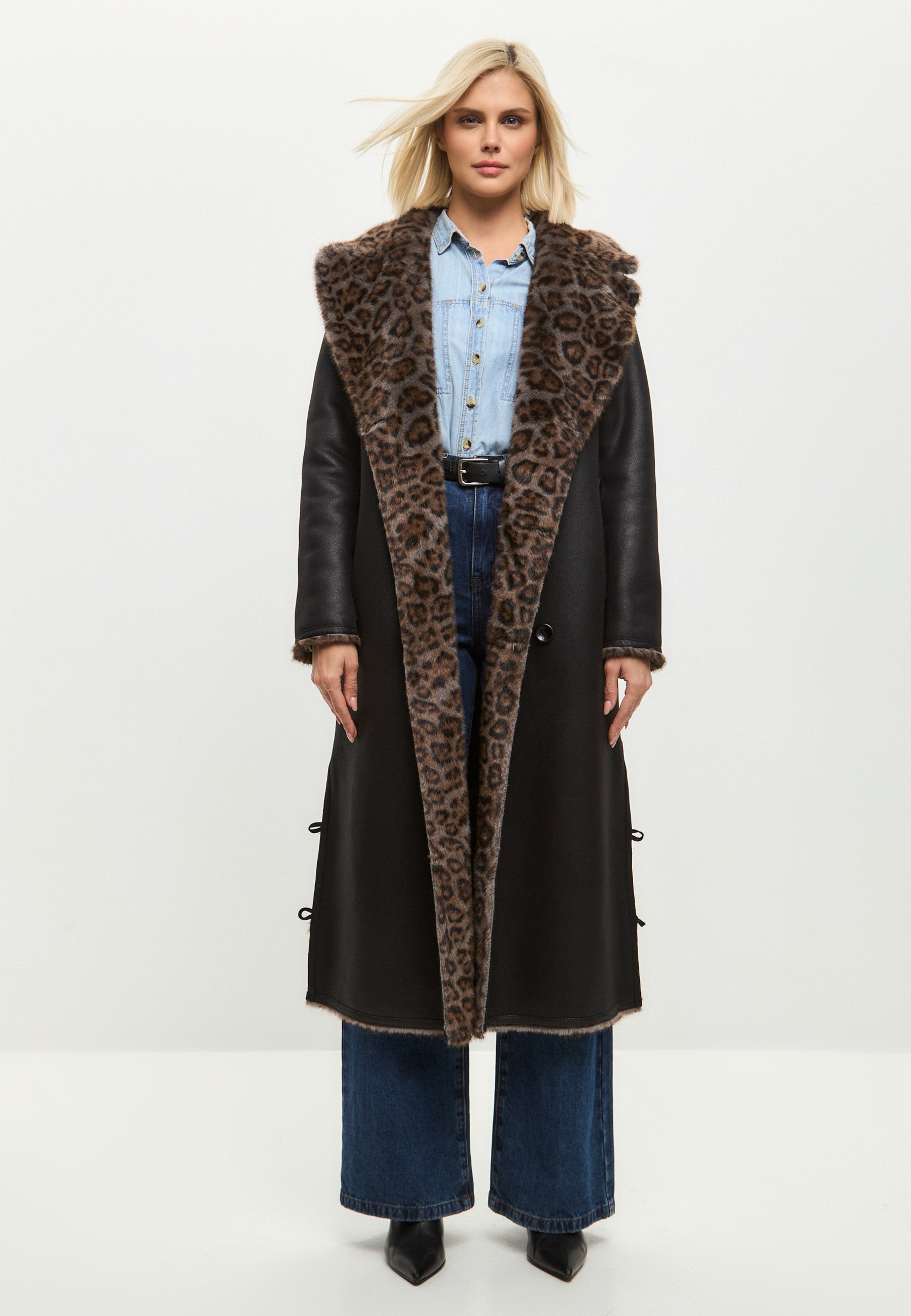 Reversible Faux Animal Print Shearling Long Coat