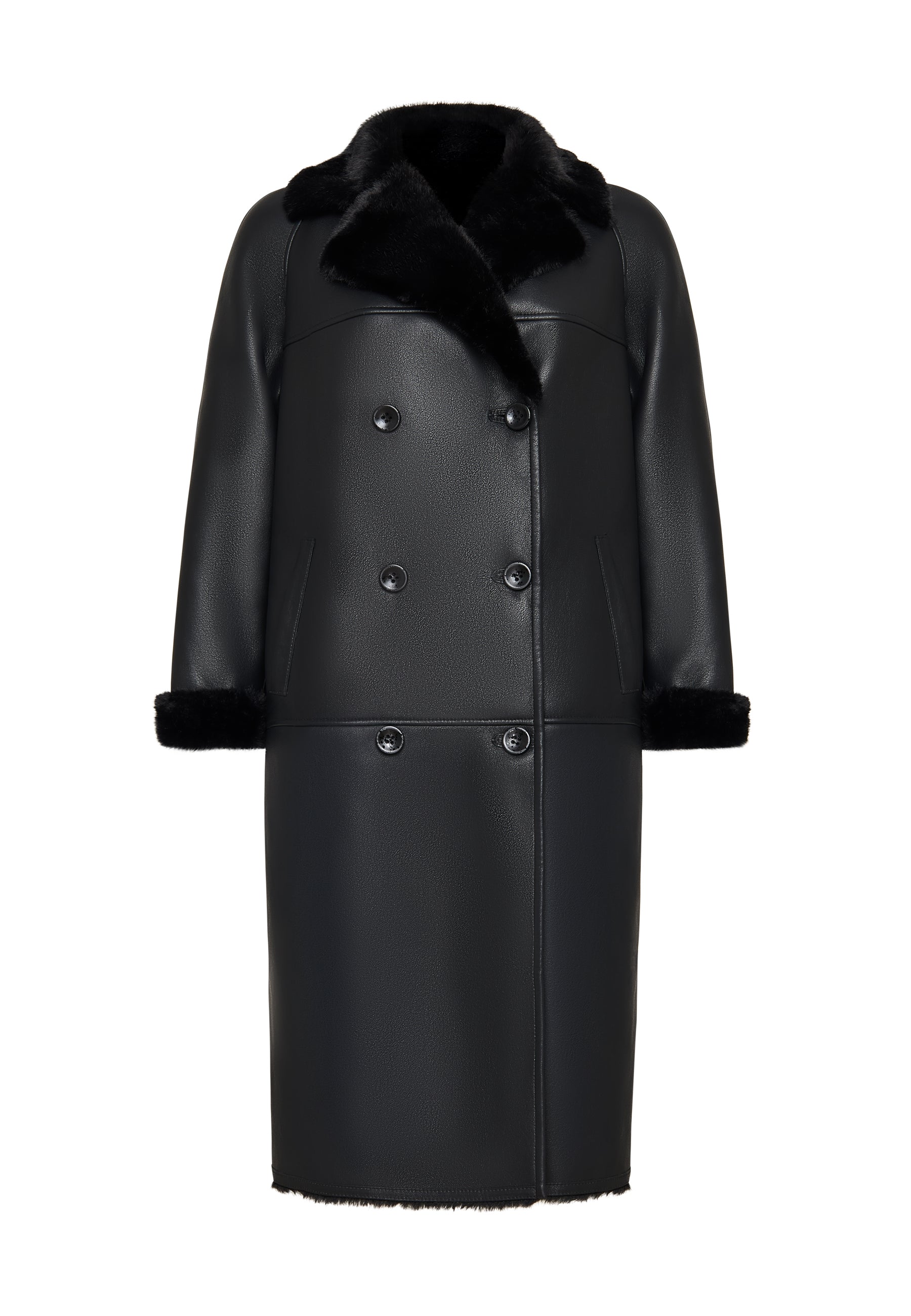 Button-Up Faux Reversible Long Coat - Black