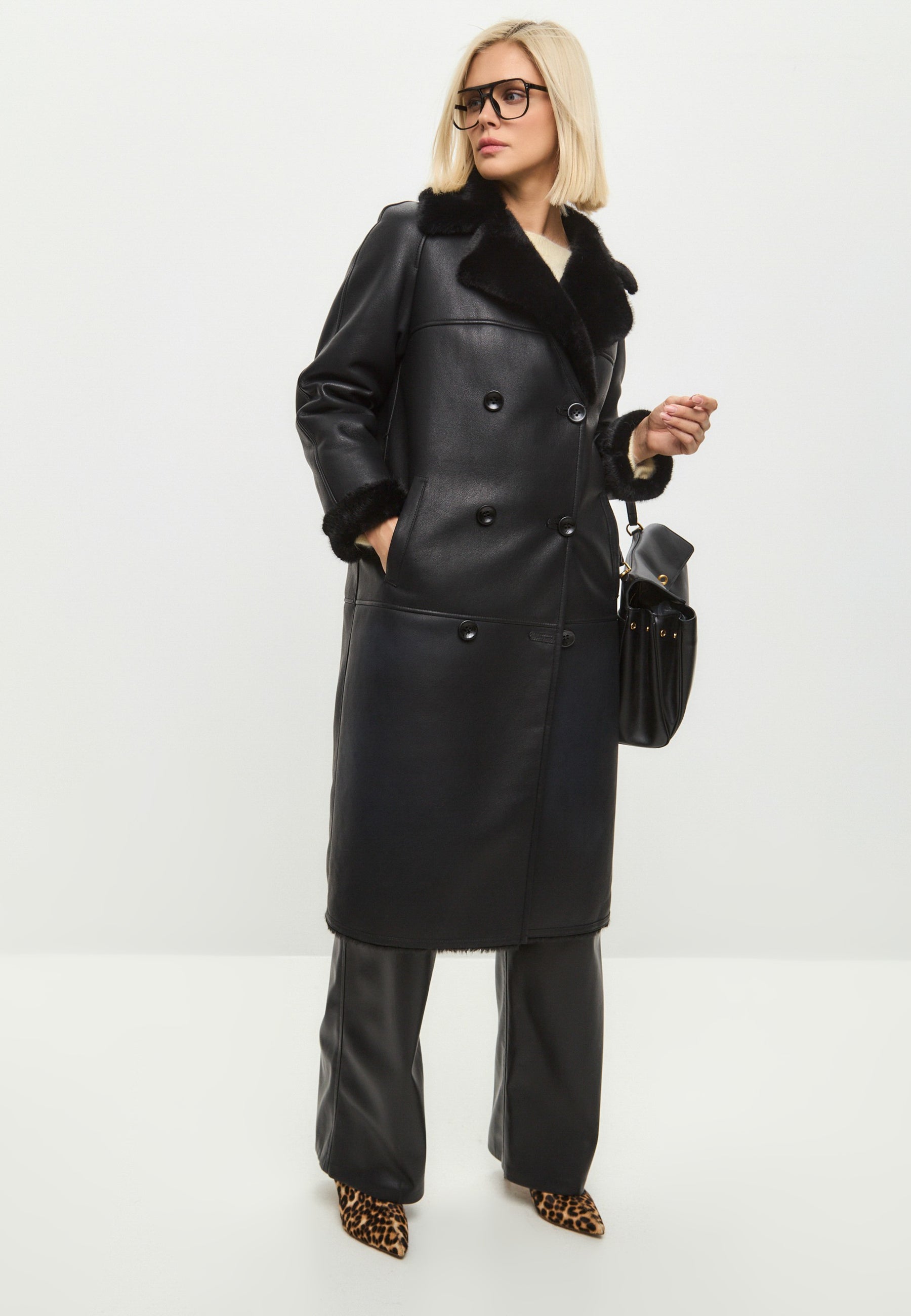 Button-Up Faux Reversible Long Coat - Black