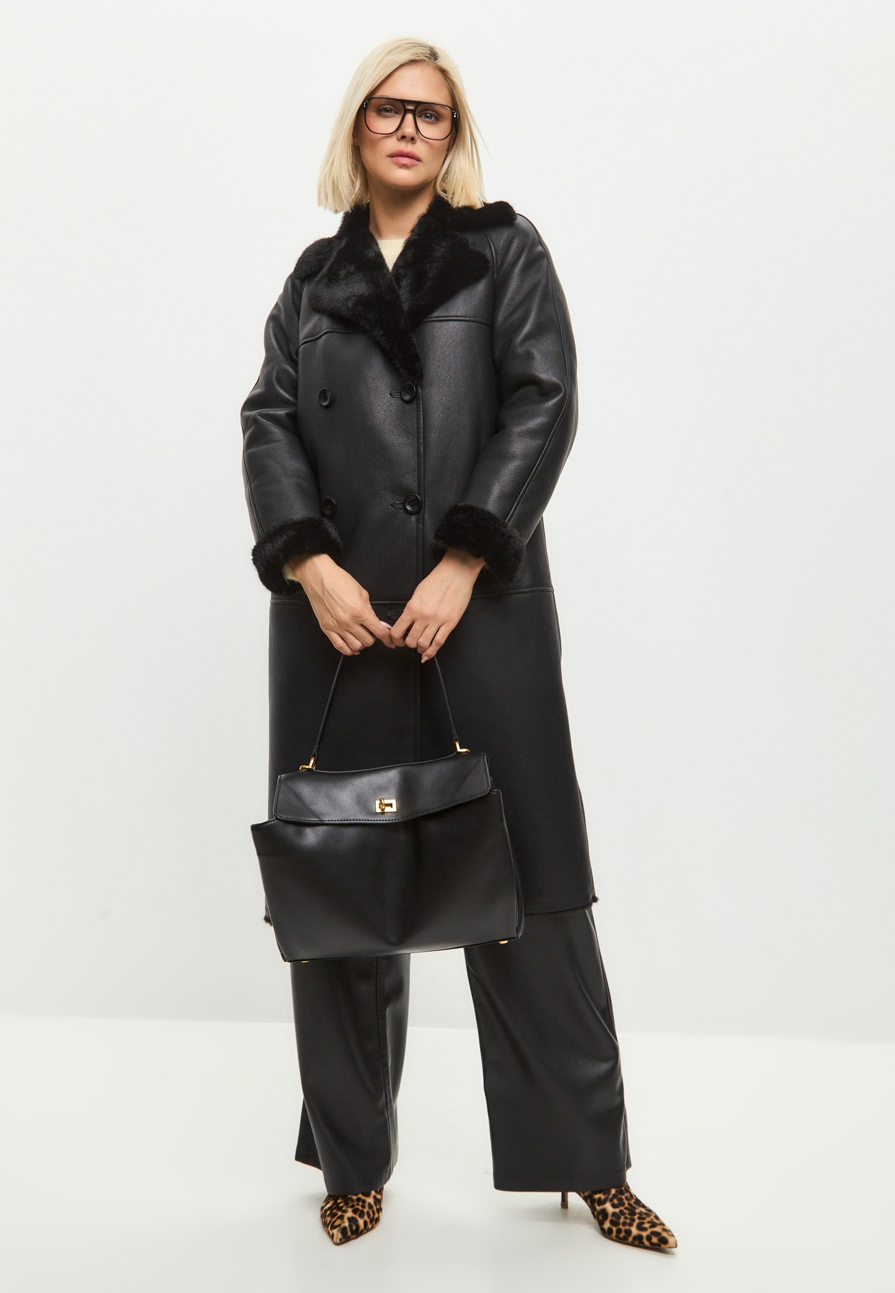 Button-Up Faux Reversible Long Coat - Black