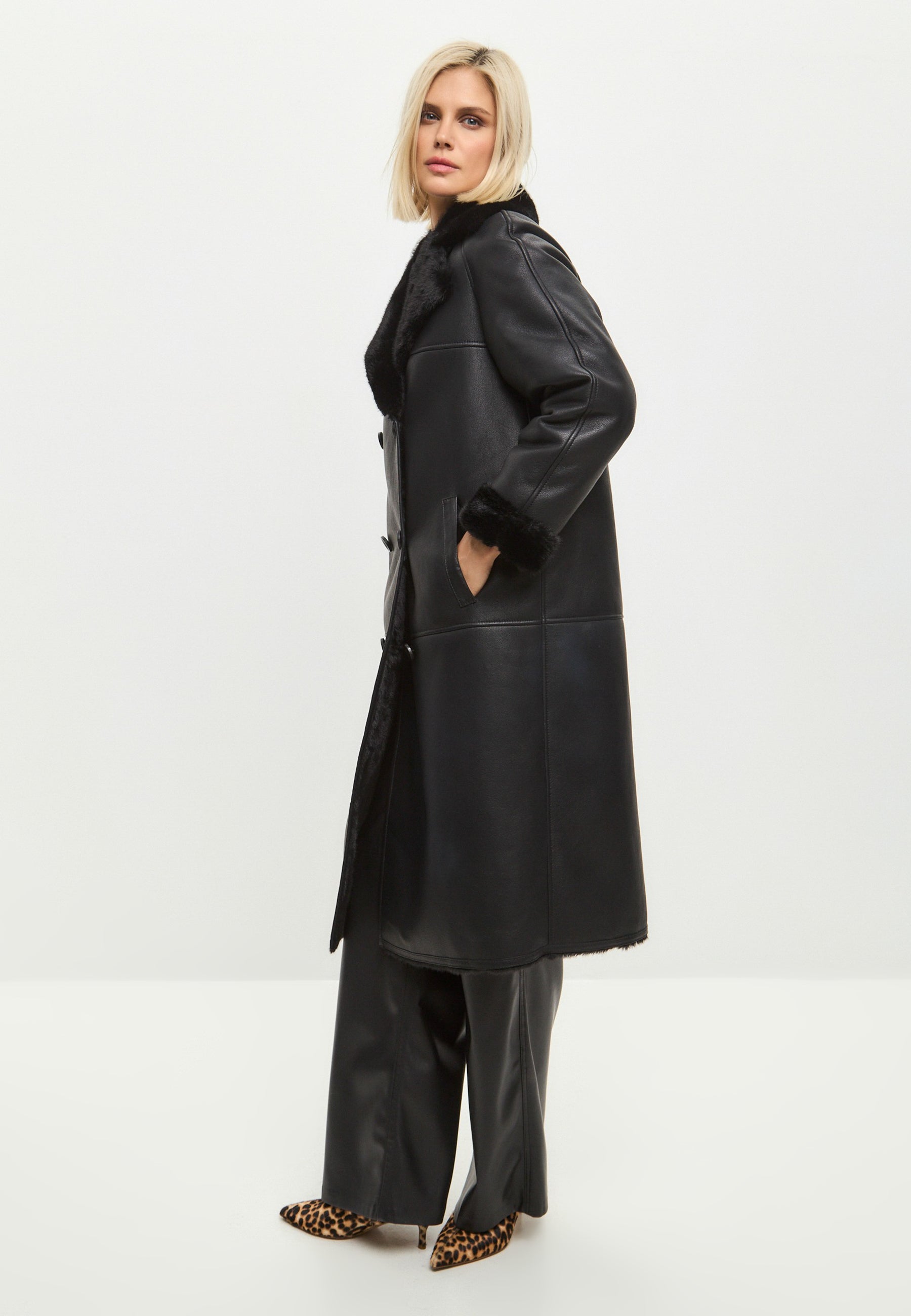 Button-Up Faux Reversible Long Coat - Black