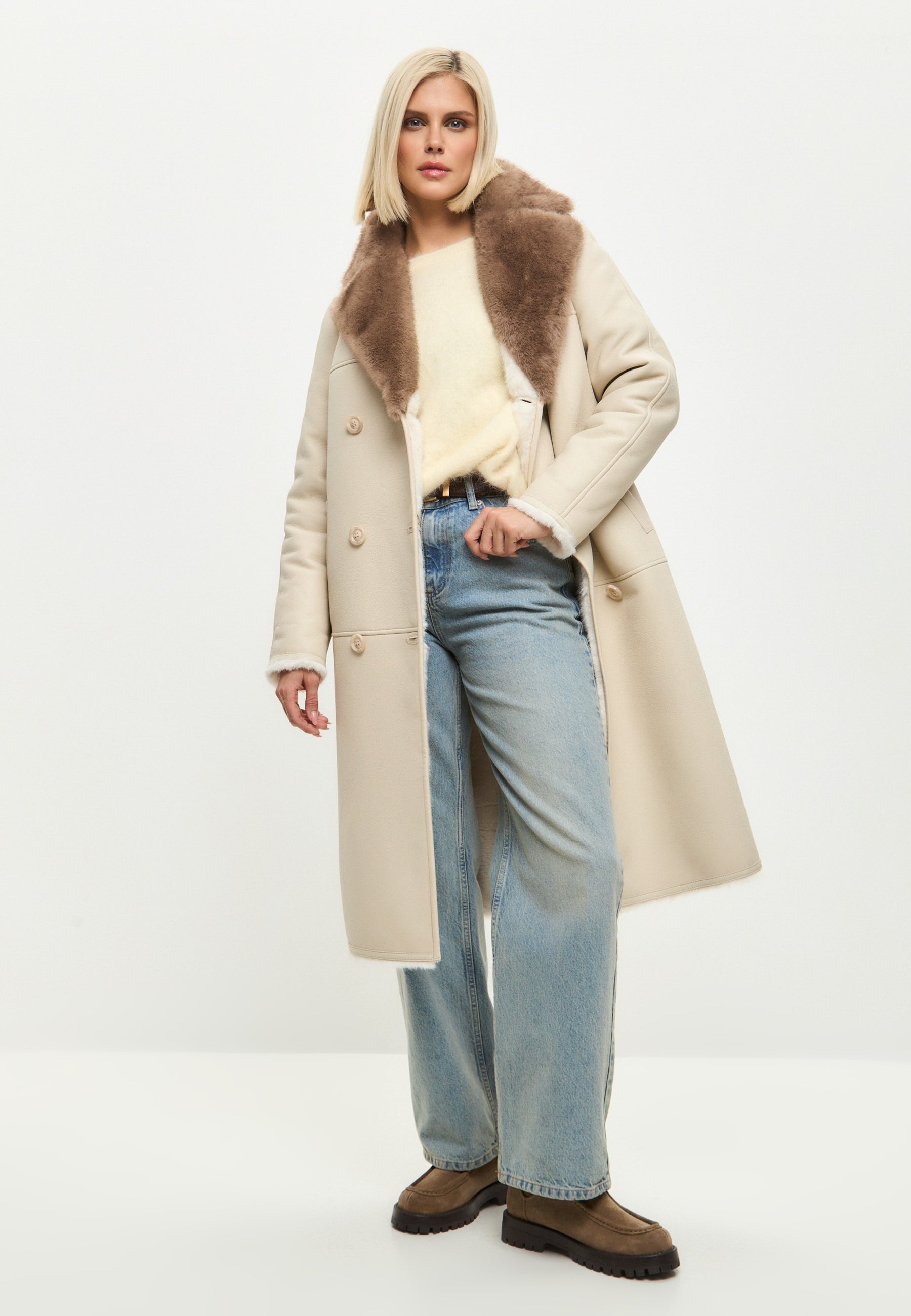 Button-Up Faux Reversible Long Coat - Ivory