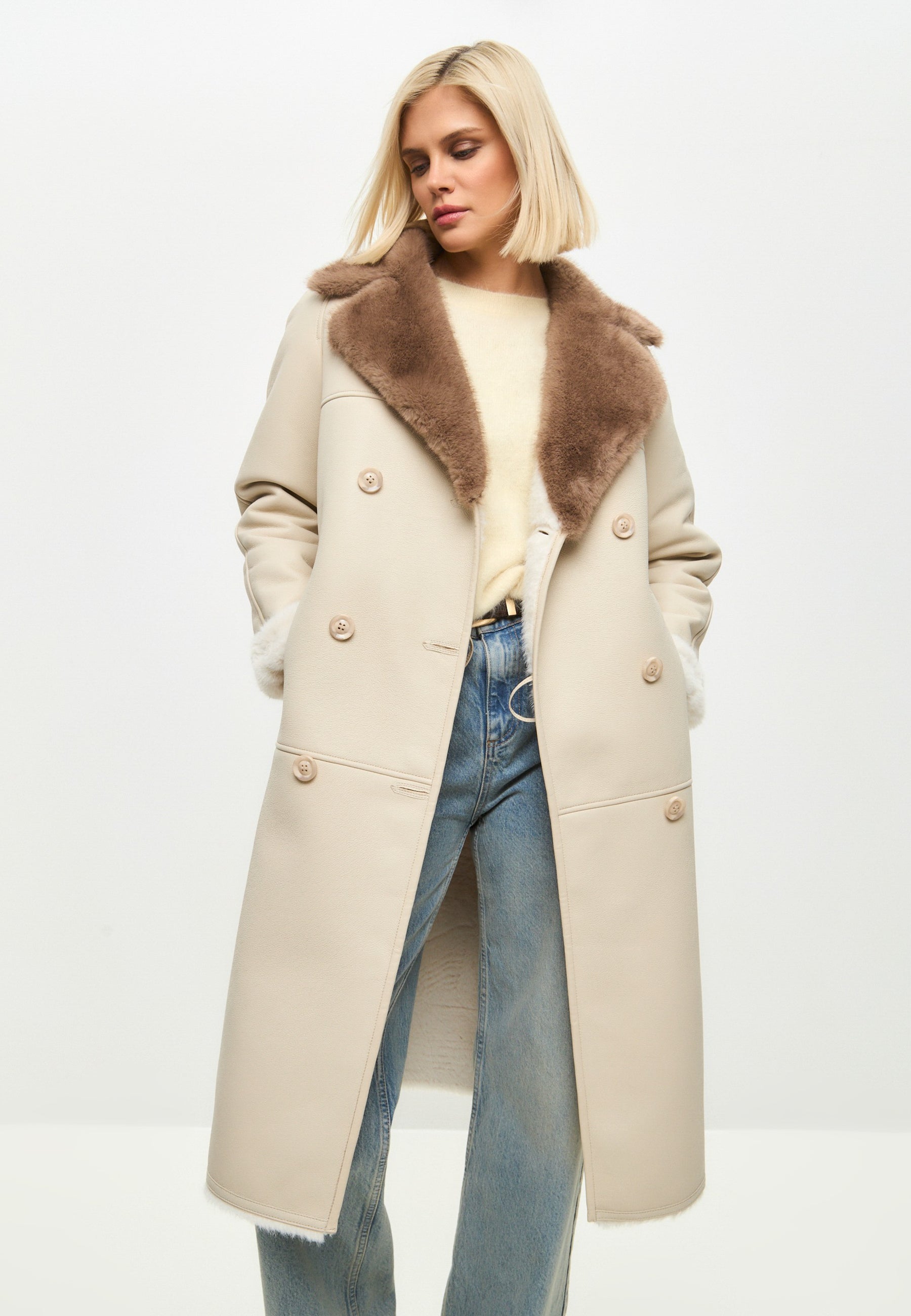 Button-Up Faux Reversible Long Coat - Ivory