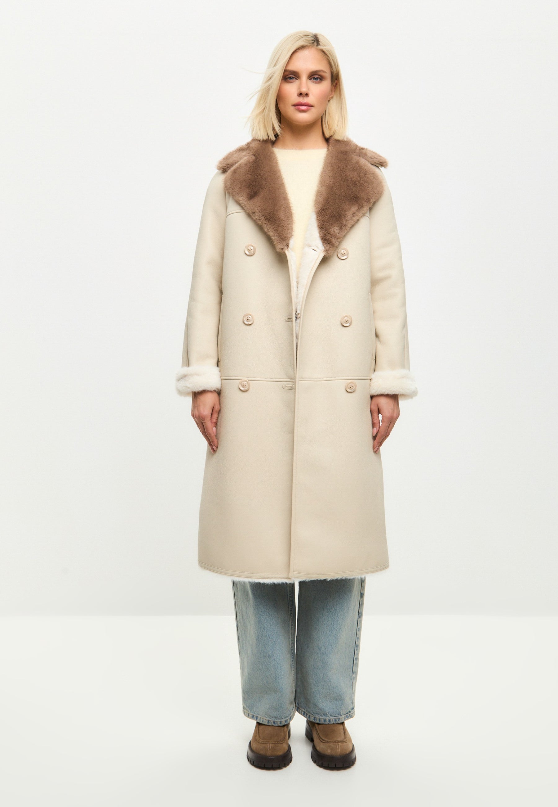 Button-Up Faux Reversible Long Coat - Ivory