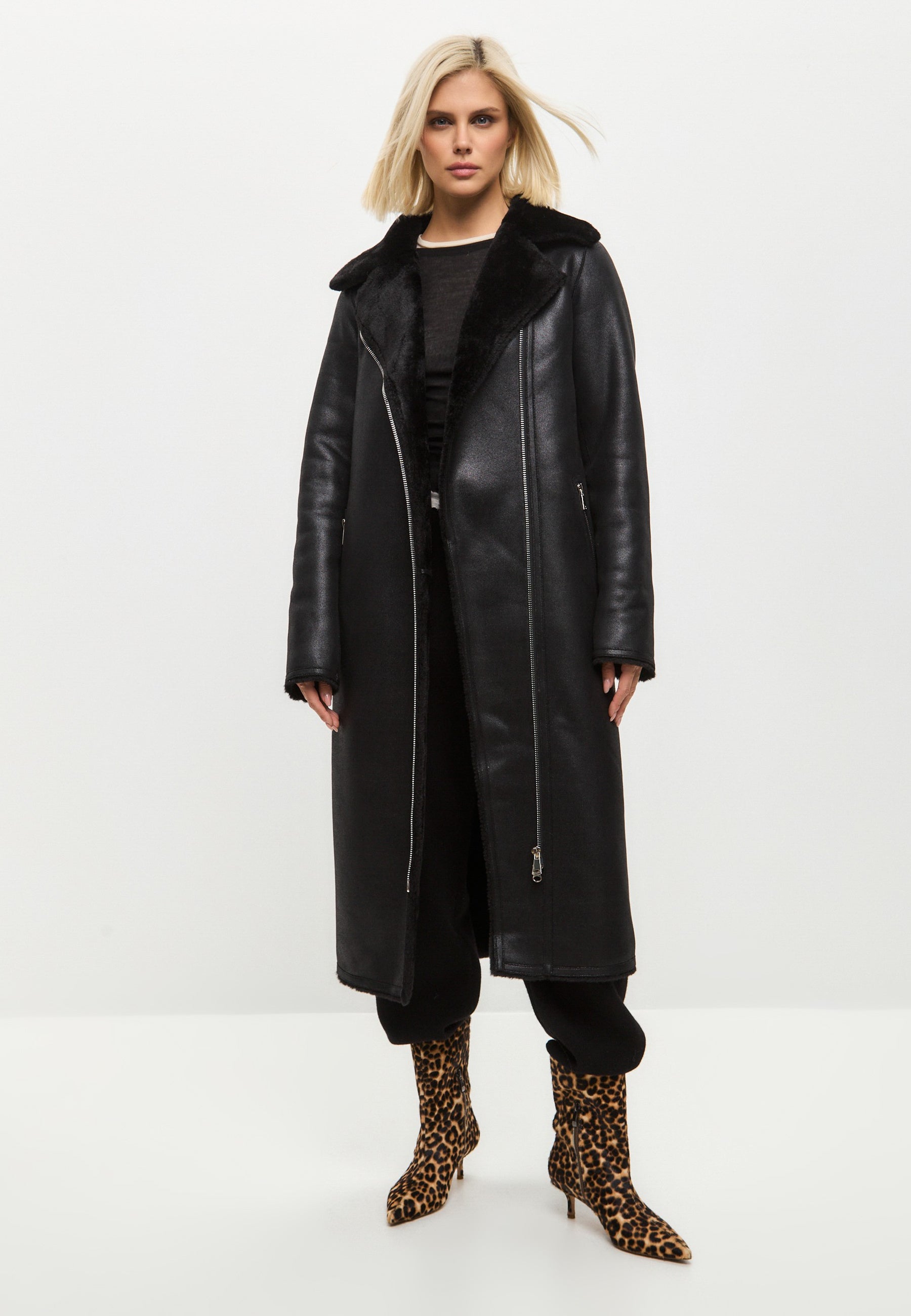 Black Faux Reversible Shearling Long Coat